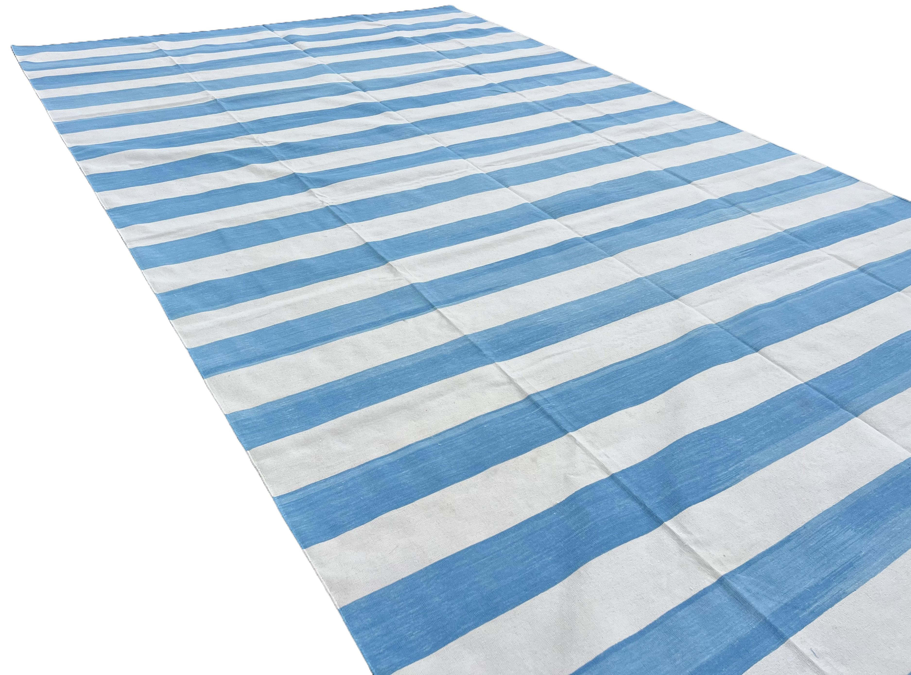 Handmade Cotton Area Flat Weave Rug, 9x12 Blue And White Striped Indian Dhurrie In New Condition For Sale In Jaipur, IN