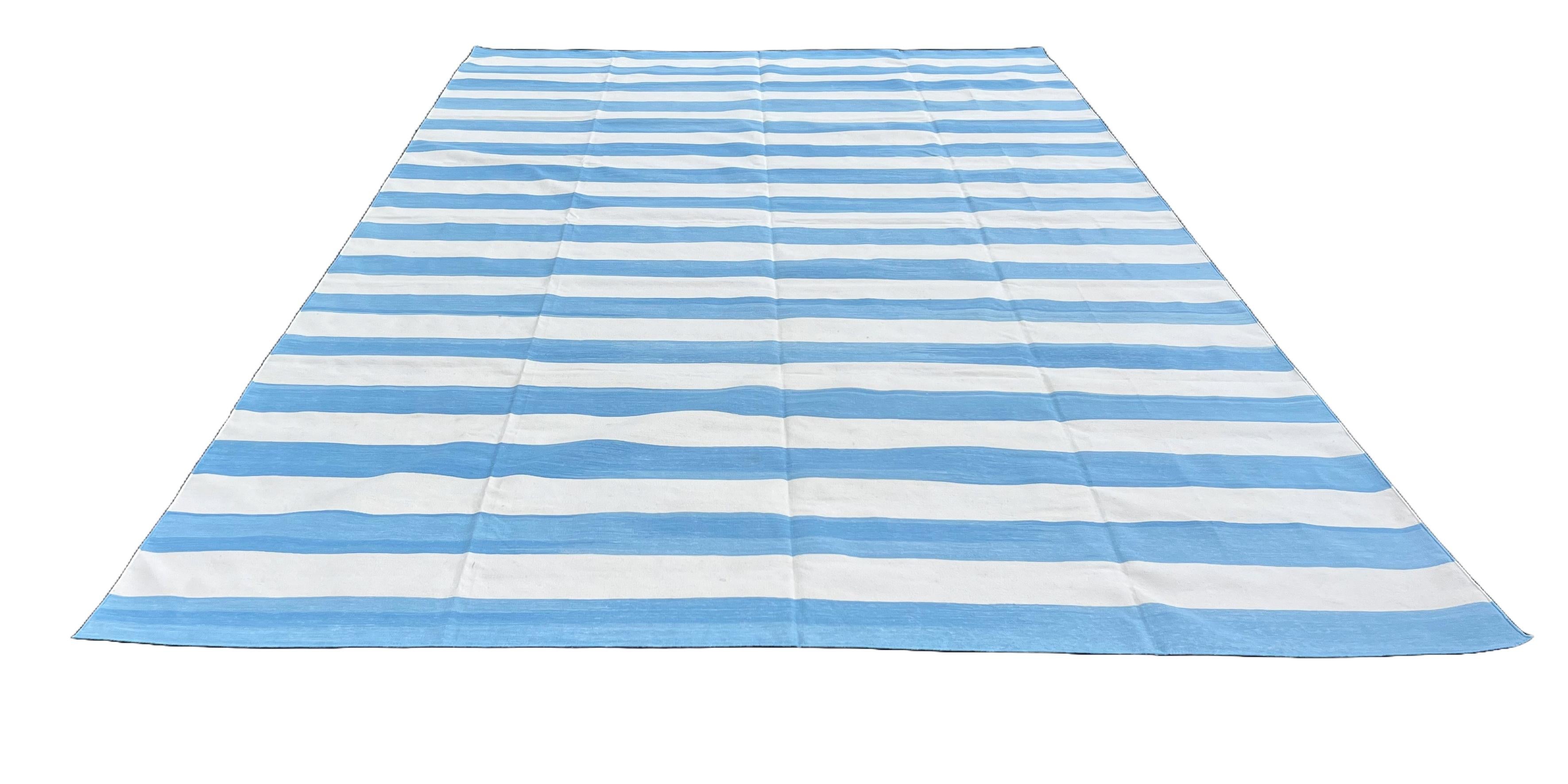 Contemporary Handmade Cotton Area Flat Weave Rug, 9x12 Blue And White Striped Indian Dhurrie For Sale