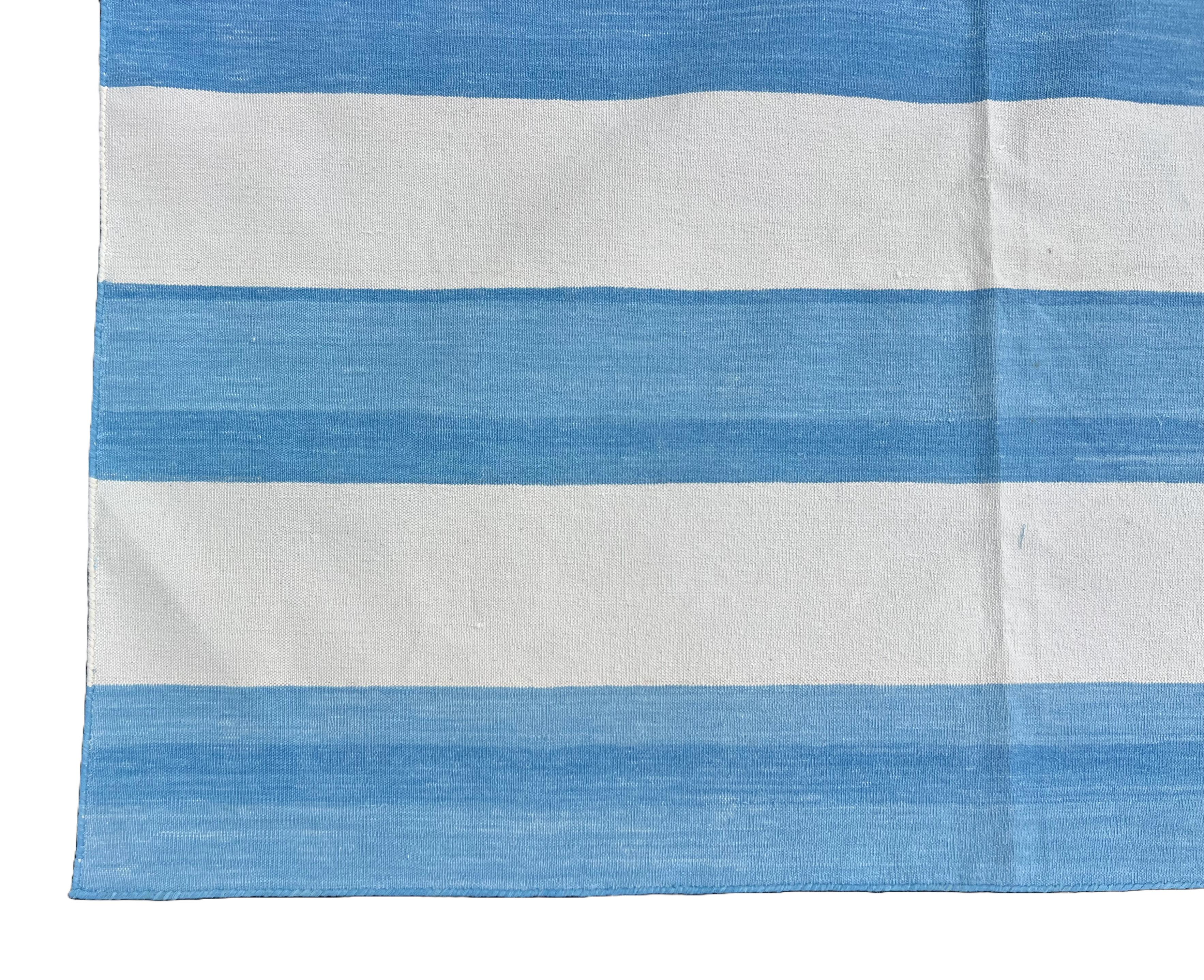 Handmade Cotton Area Flat Weave Rug, 9x12 Blue And White Striped Indian Dhurrie For Sale 2