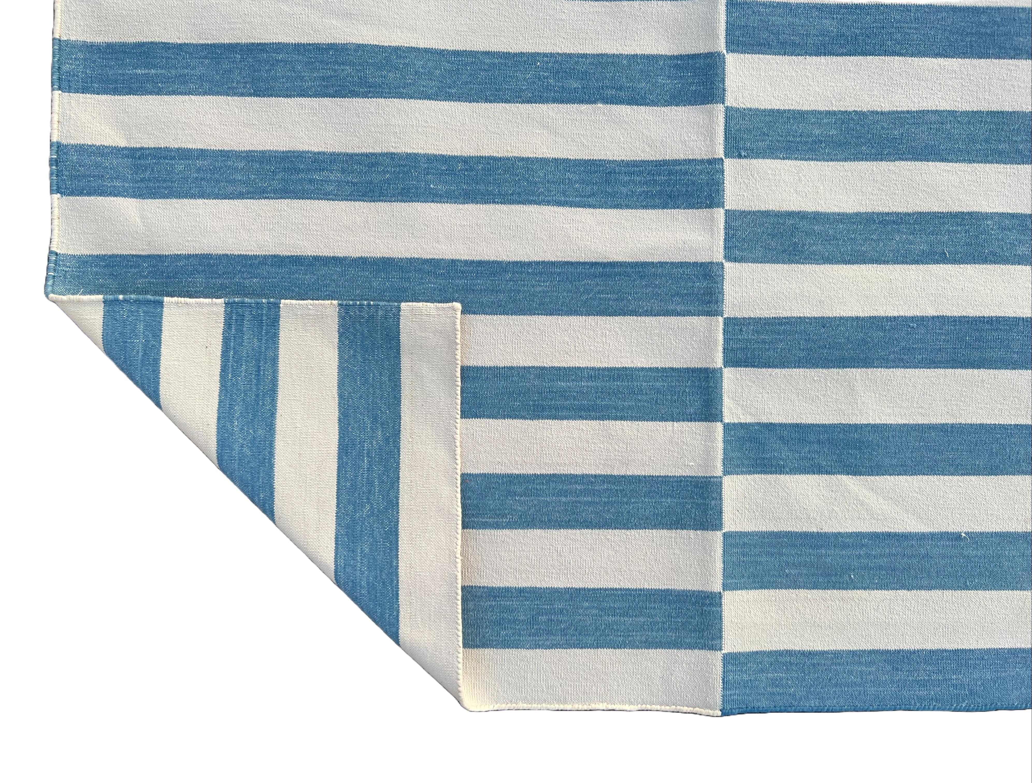 Handmade Cotton Area Flat Weave Rug, 9x12 Blue And White Striped Indian Dhurrie For Sale 3