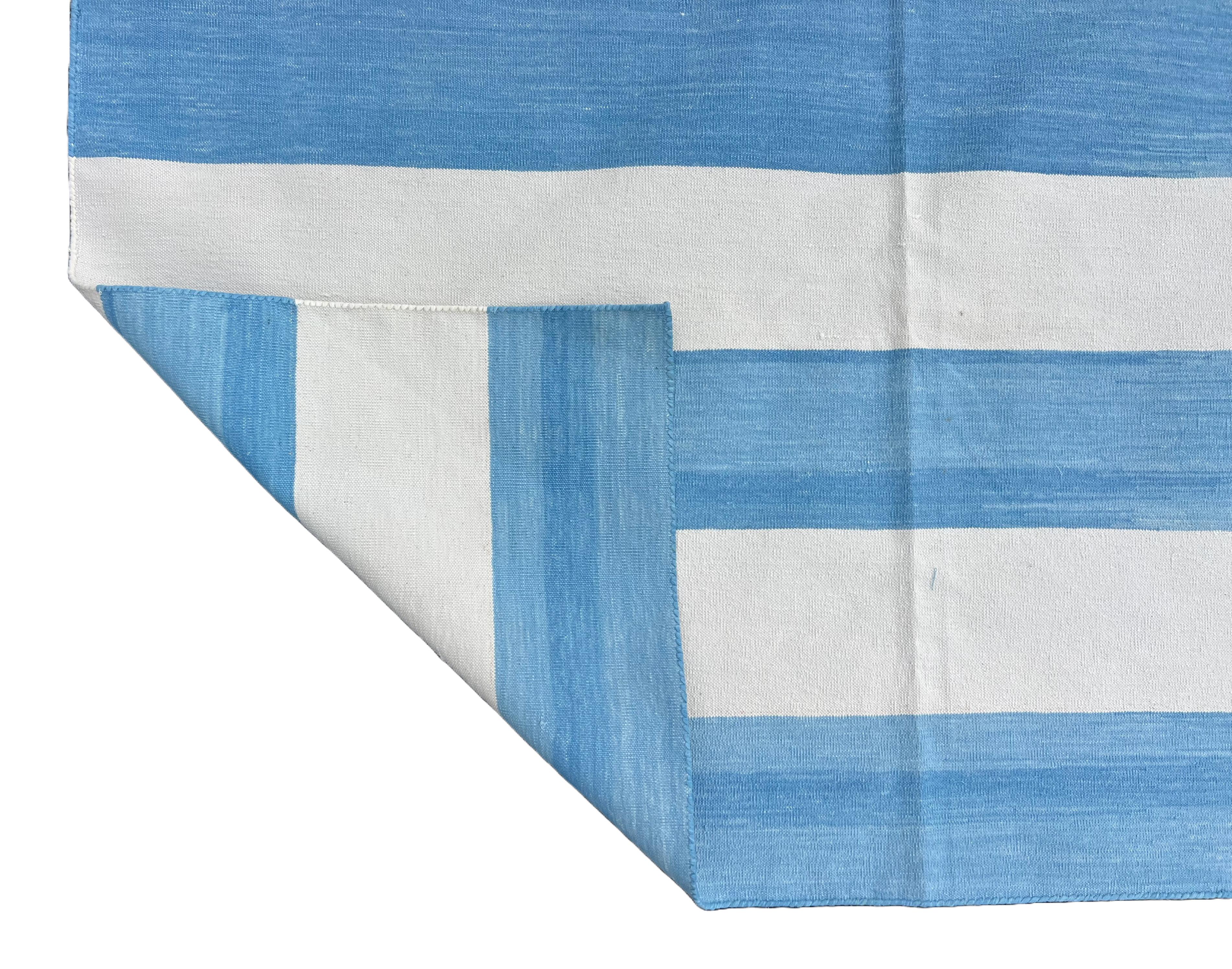 Handmade Cotton Area Flat Weave Rug, 9x12 Blue And White Striped Indian Dhurrie For Sale 3