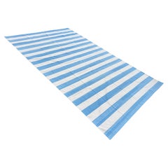 Handmade Cotton Area Flat Weave Rug, 9x12 Blue And White Striped Indian Dhurrie