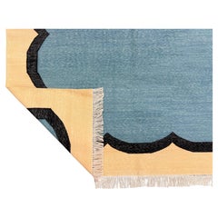 Handmade Cotton Area Flat Weave Rug, 9x12 Blue, Cream Scalloped Indian Dhurrie