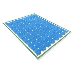 Handgefertigter Flachgewebe-Teppich aus Baumwolle, 9x12 Blau, Grün Geometrisch Indisch Dhurrie