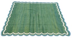 Handmade Cotton Area Flat Weave Rug, 9x12 Forest Green Scalloped Indian Dhurrie