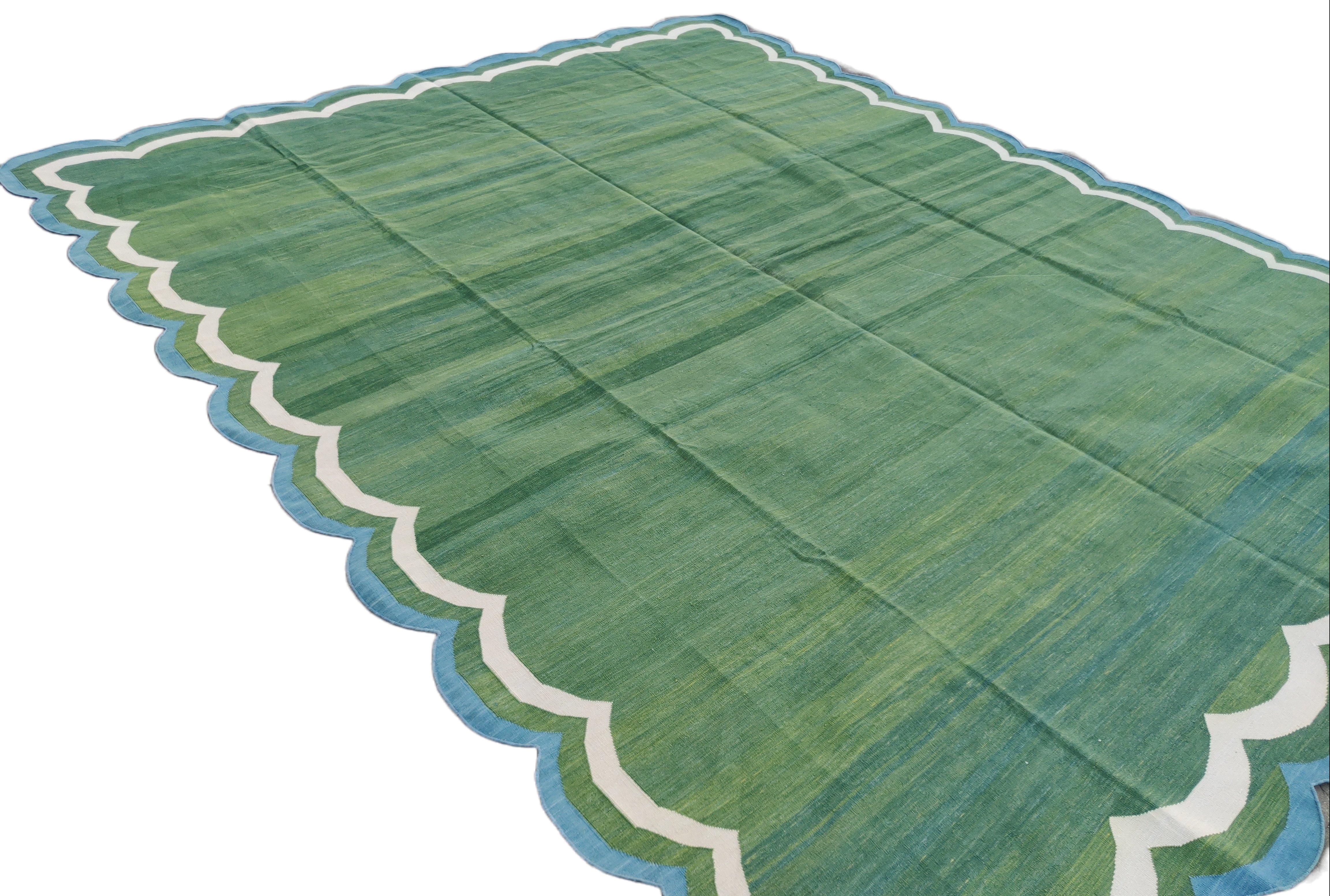 Handmade Cotton Area Flat Weave Rug, 9x12 Forest Green Scalloped Indian Dhurrie For Sale 2