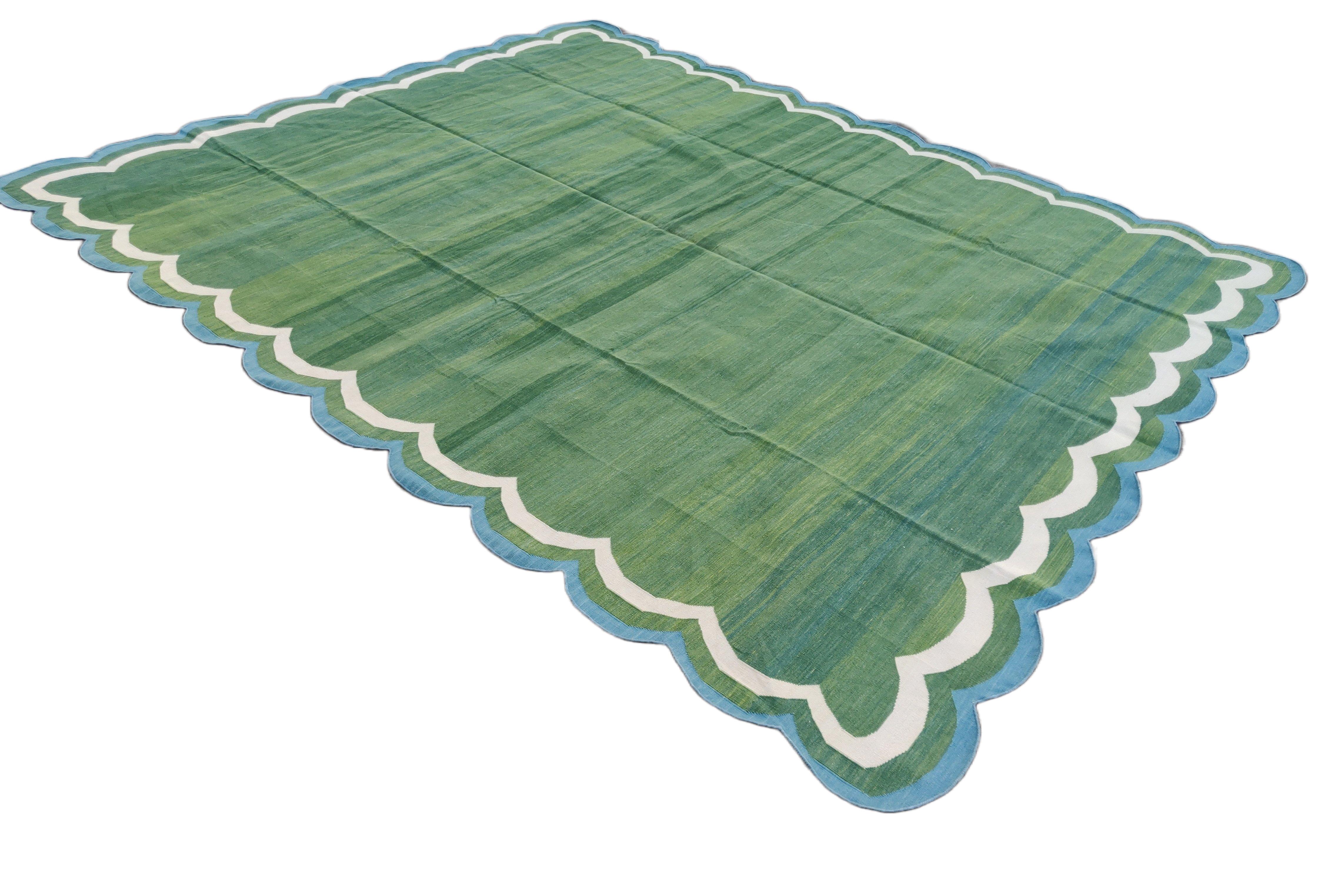 Handmade Cotton Area Flat Weave Rug, 9x12 Forest Green Scalloped Indian Dhurrie For Sale 3