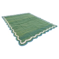 Handgefertigter Flachgewebe-Teppich aus Baumwolle, 9x12, Waldgrüner, waldgrüner, Wellenschliff, indischer Dhurrie
