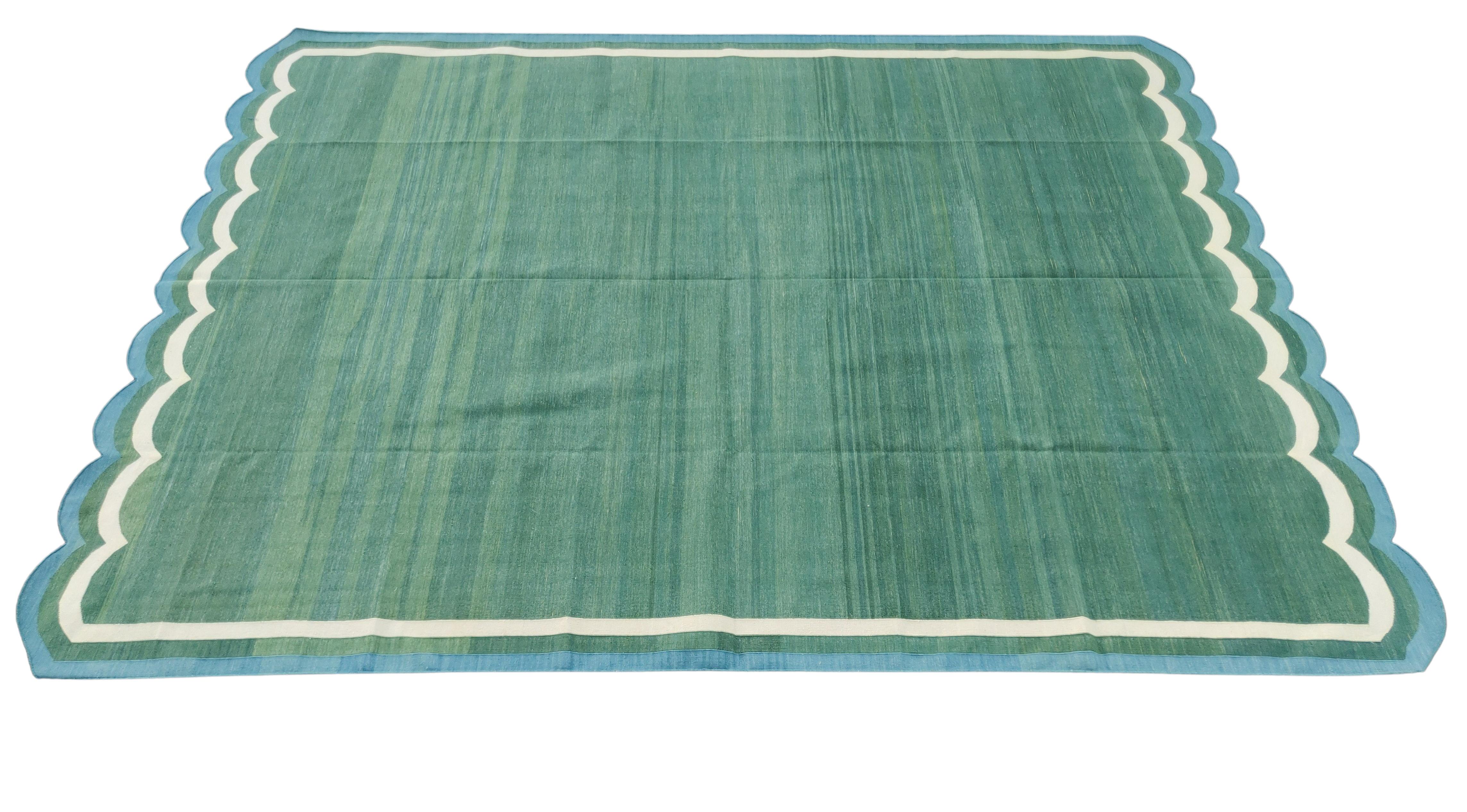 Handmade Cotton Area Flat Weave Rug, 9x12 Green And Blue Scalloped Kilim Dhurrie For Sale 3
