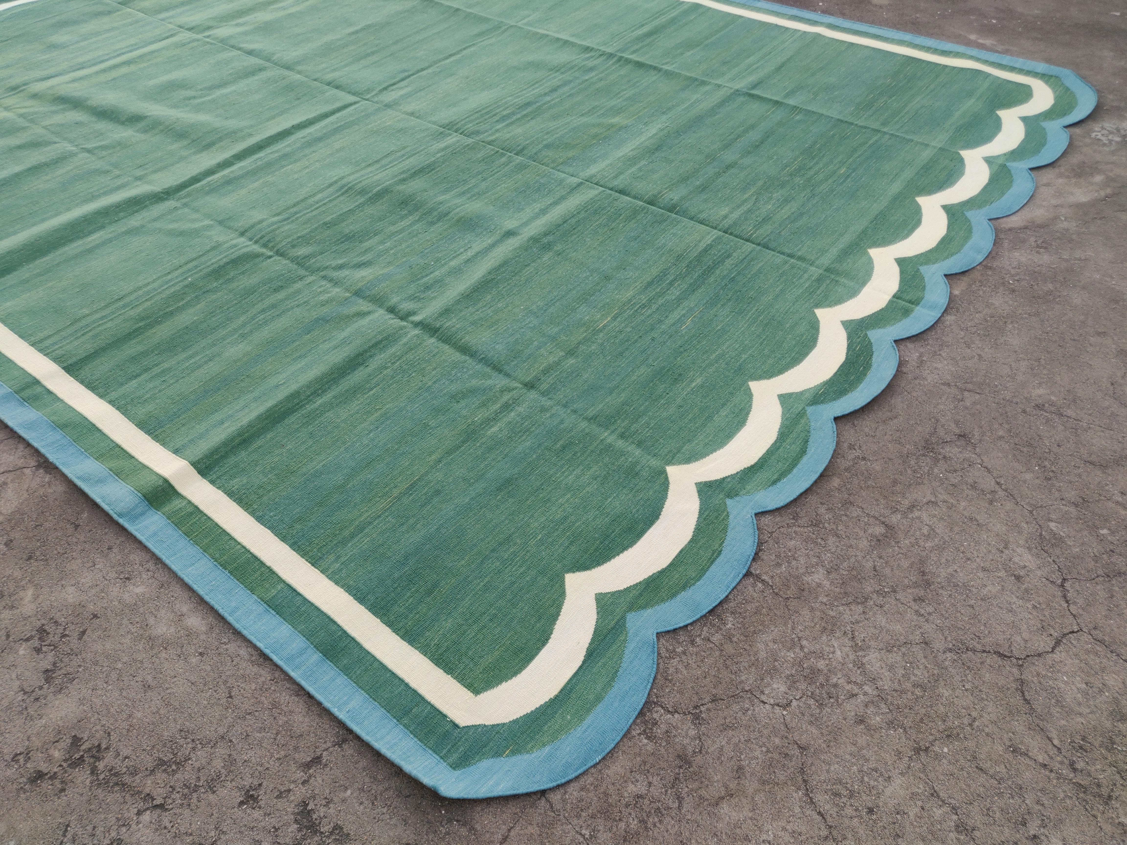 Mid-Century Modern Handmade Cotton Area Flat Weave Rug, 9x12 Green And Blue Scalloped Kilim Dhurrie For Sale