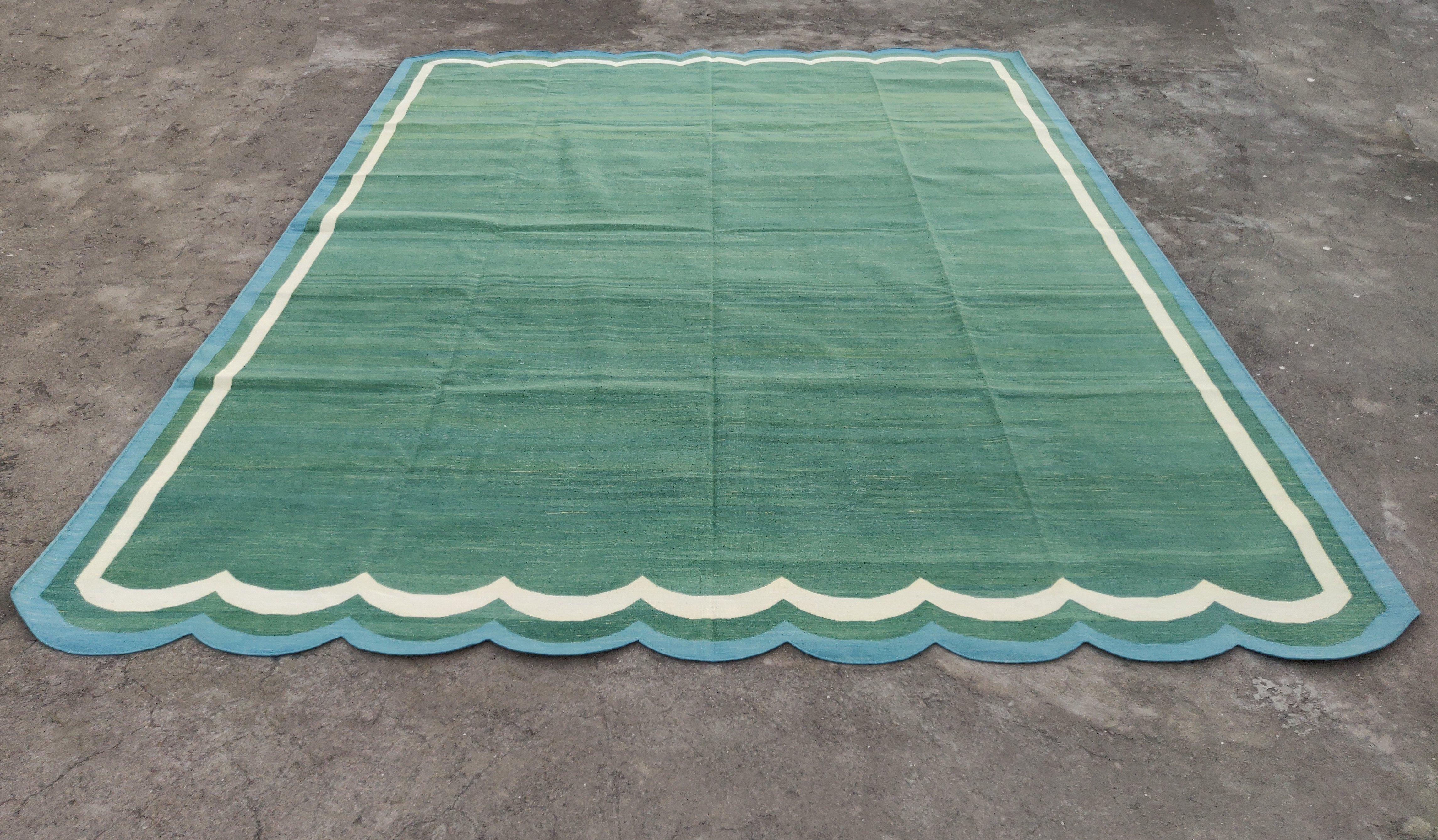Hand-Woven Handmade Cotton Area Flat Weave Rug, 9x12 Green And Blue Scalloped Kilim Dhurrie For Sale