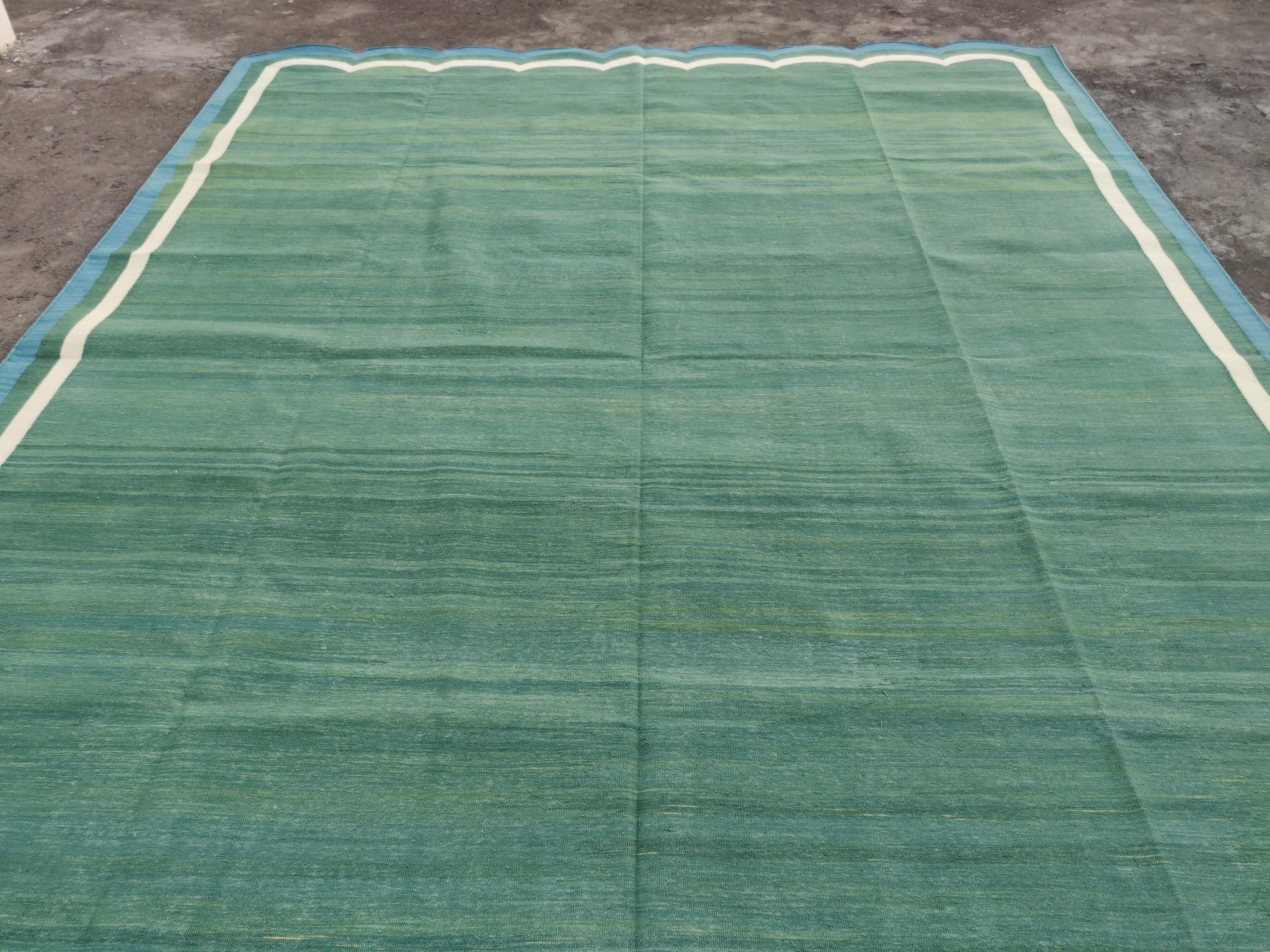 Hand-Woven Handmade Cotton Area Flat Weave Rug, 9x12 Green And Blue Scalloped Kilim Dhurrie