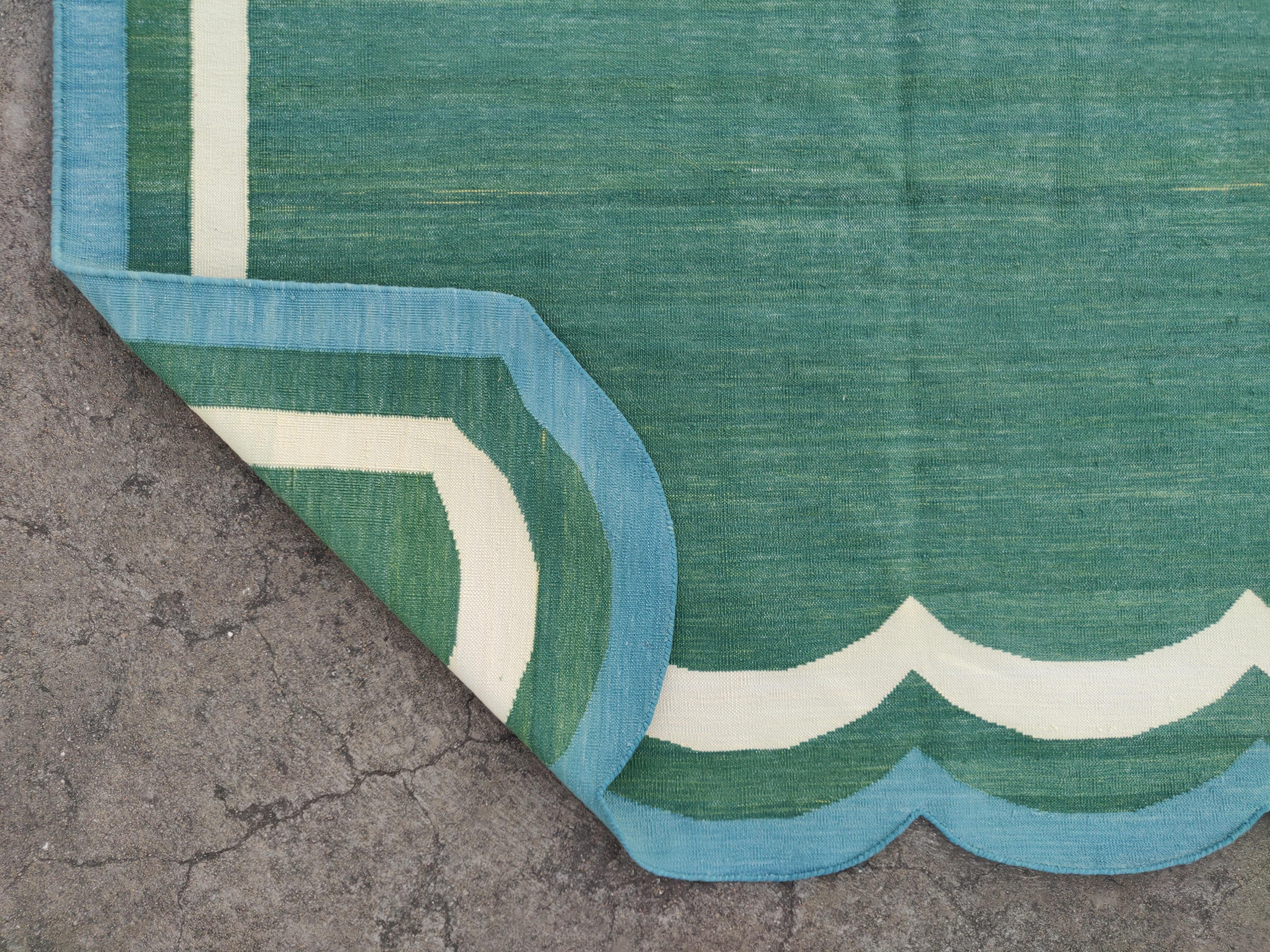 Handmade Cotton Area Flat Weave Rug, 9x12 Green And Blue Scalloped Kilim Dhurrie For Sale 2