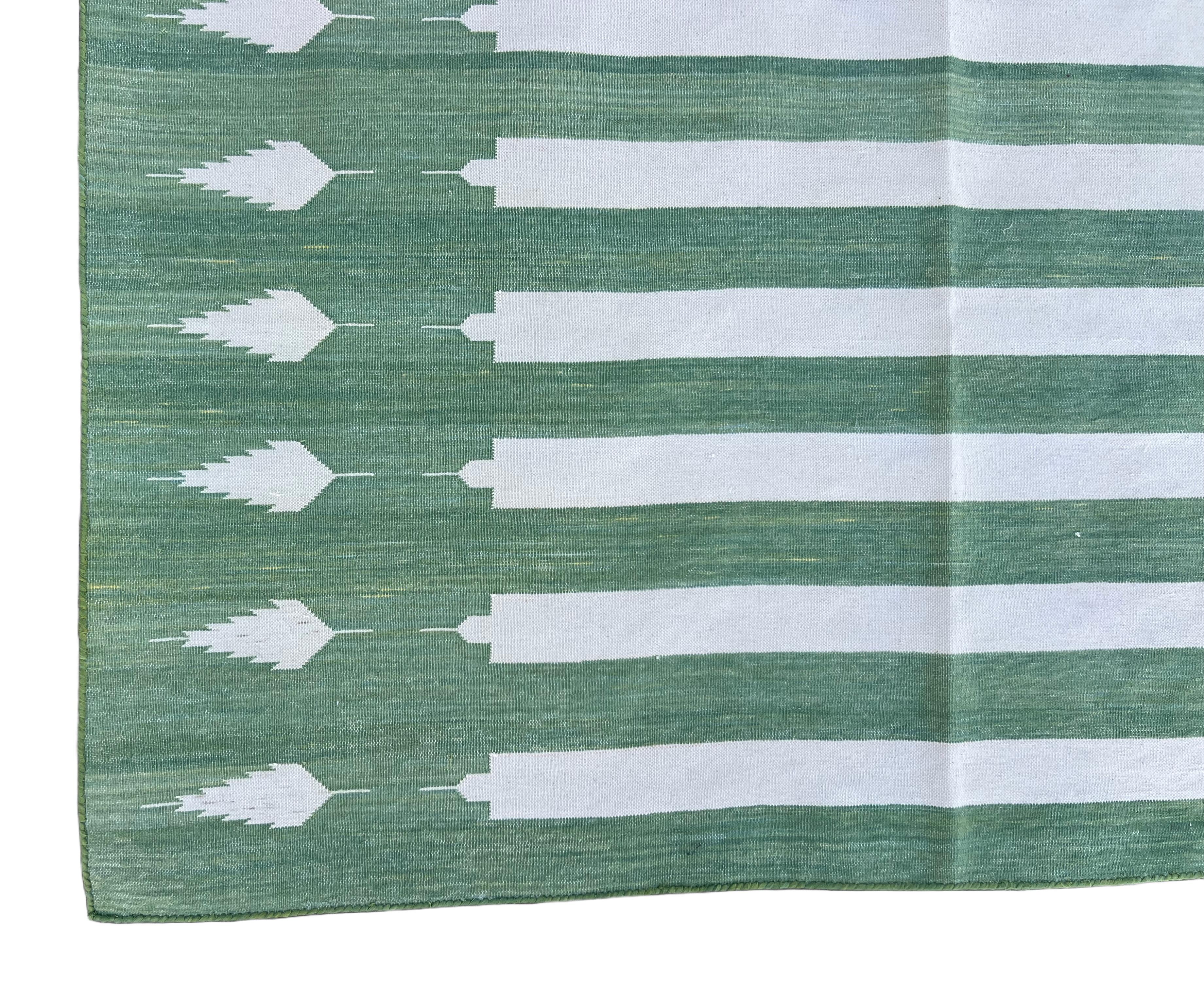 Handmade Cotton Area Flat Weave Rug, 9x12 Green And White Striped Indian Dhurrie For Sale 4