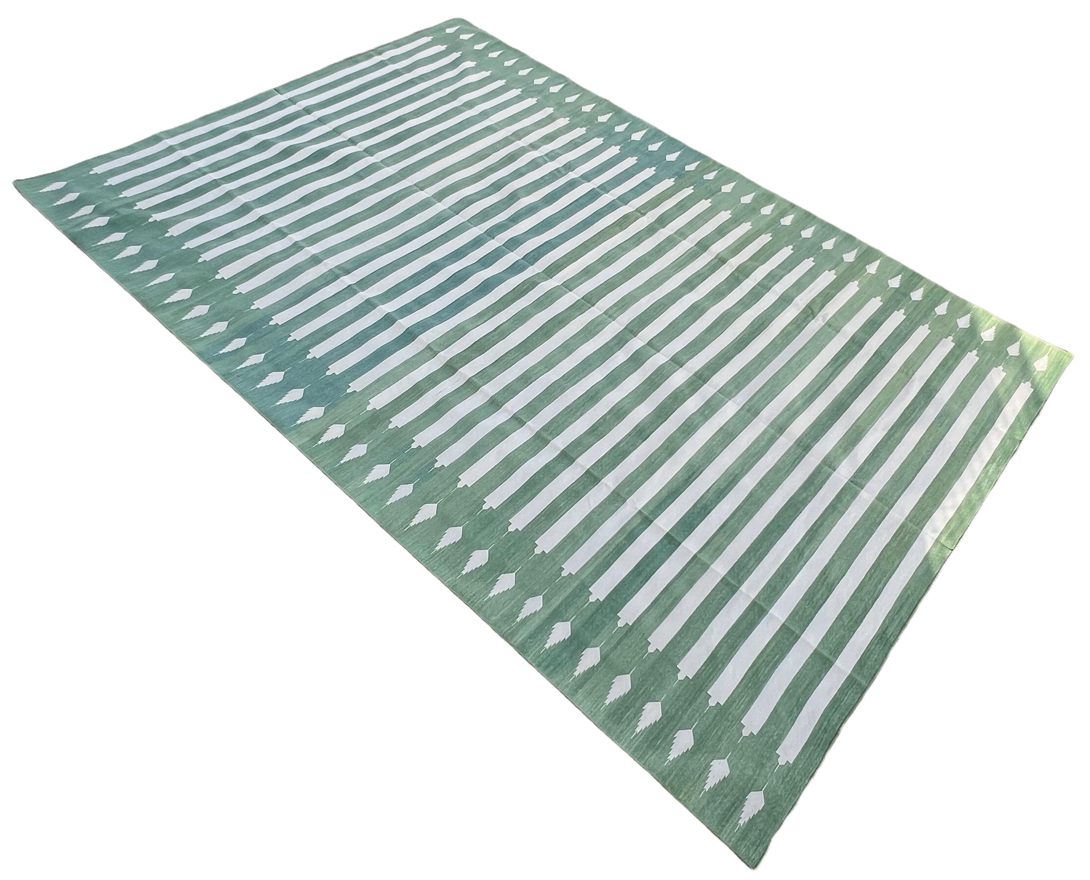 Mid-Century Modern Handmade Cotton Area Flat Weave Rug, 9x12 Green And White Striped Indian Dhurrie For Sale
