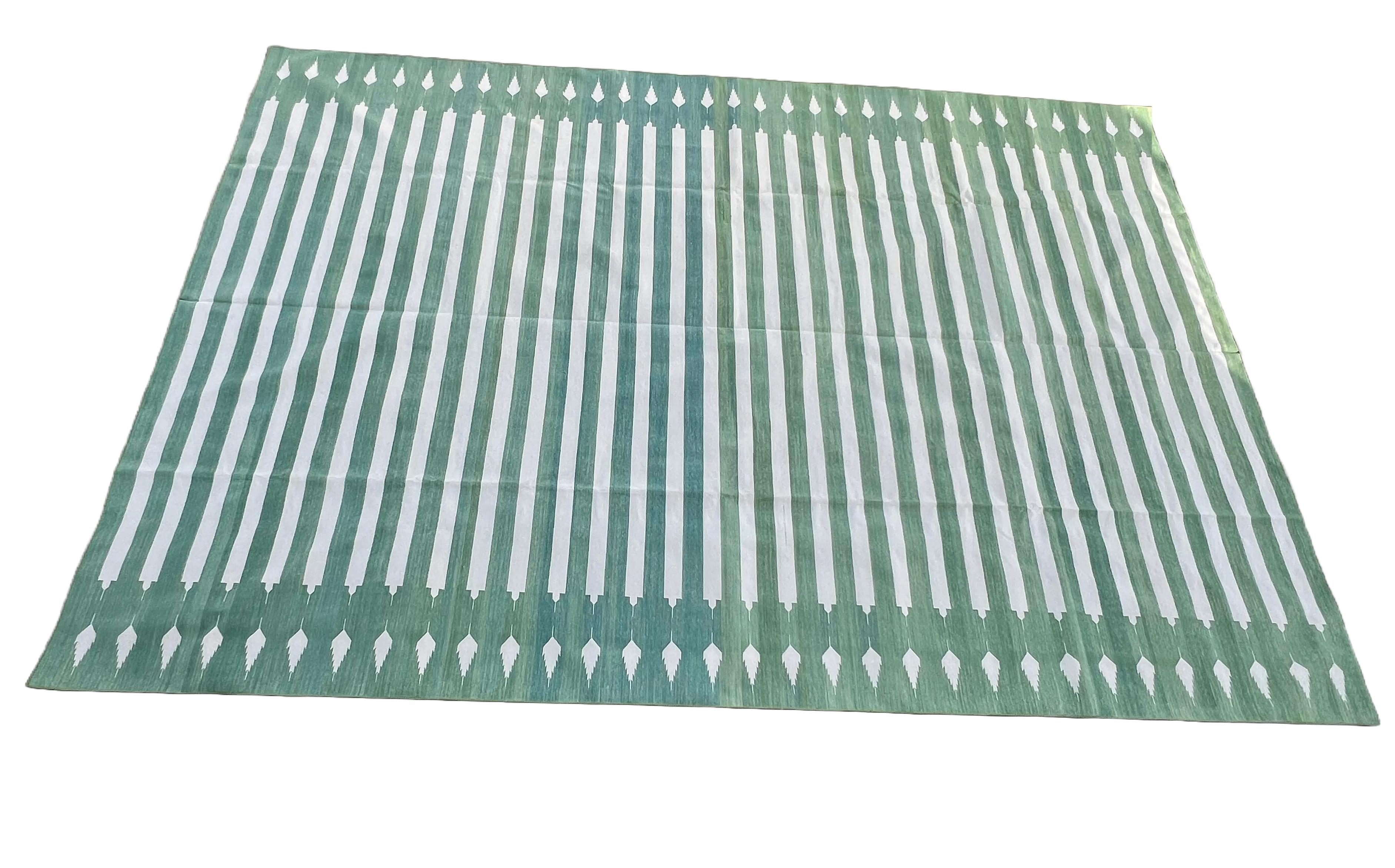 Hand-Woven Handmade Cotton Area Flat Weave Rug, 9x12 Green And White Striped Indian Dhurrie For Sale
