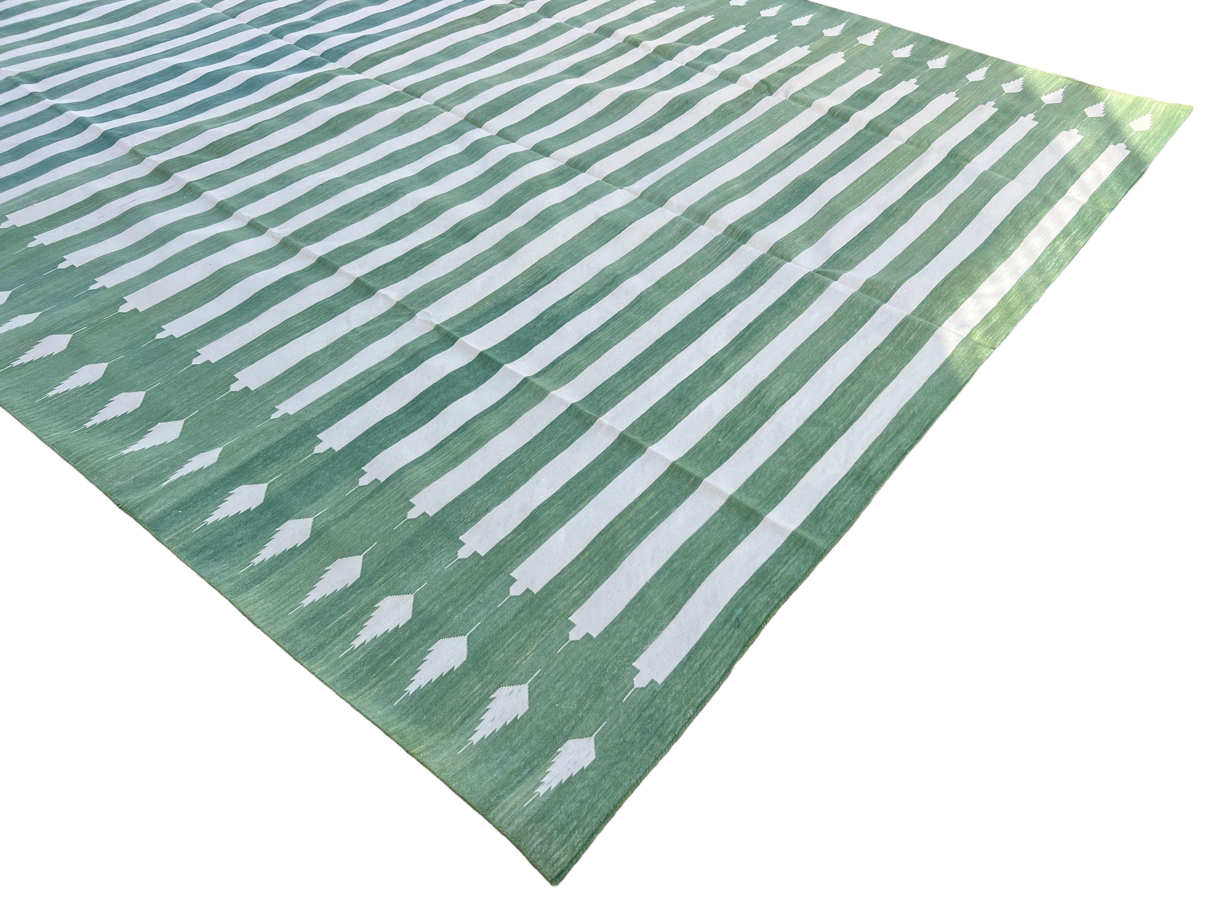 Contemporary Handmade Cotton Area Flat Weave Rug, 9x12 Green And White Striped Indian Dhurrie For Sale