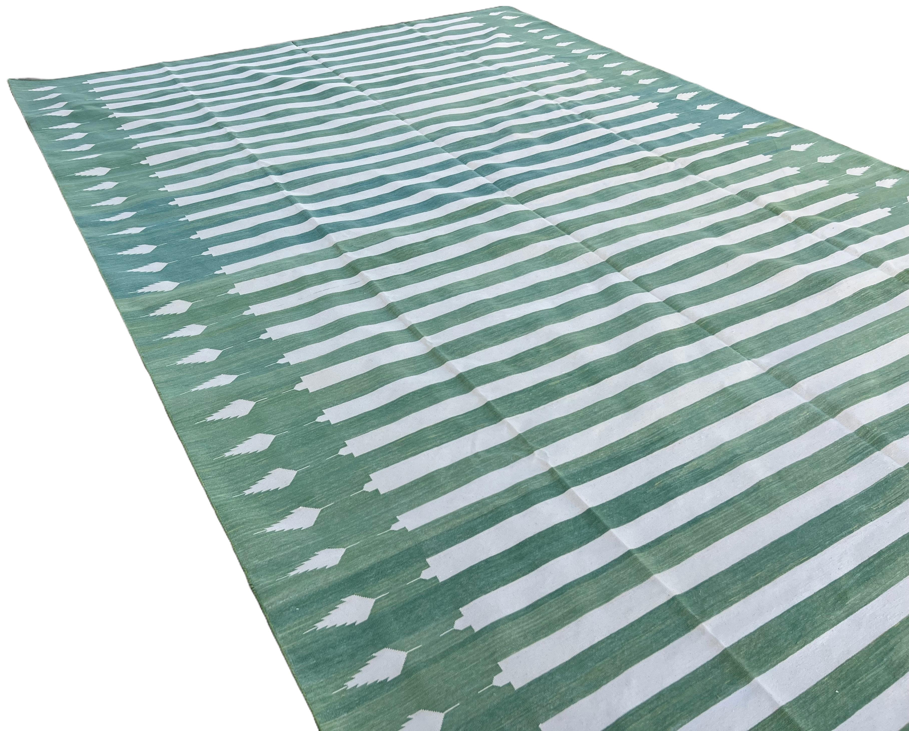 Handmade Cotton Area Flat Weave Rug, 9x12 Green And White Striped Indian Dhurrie For Sale 1