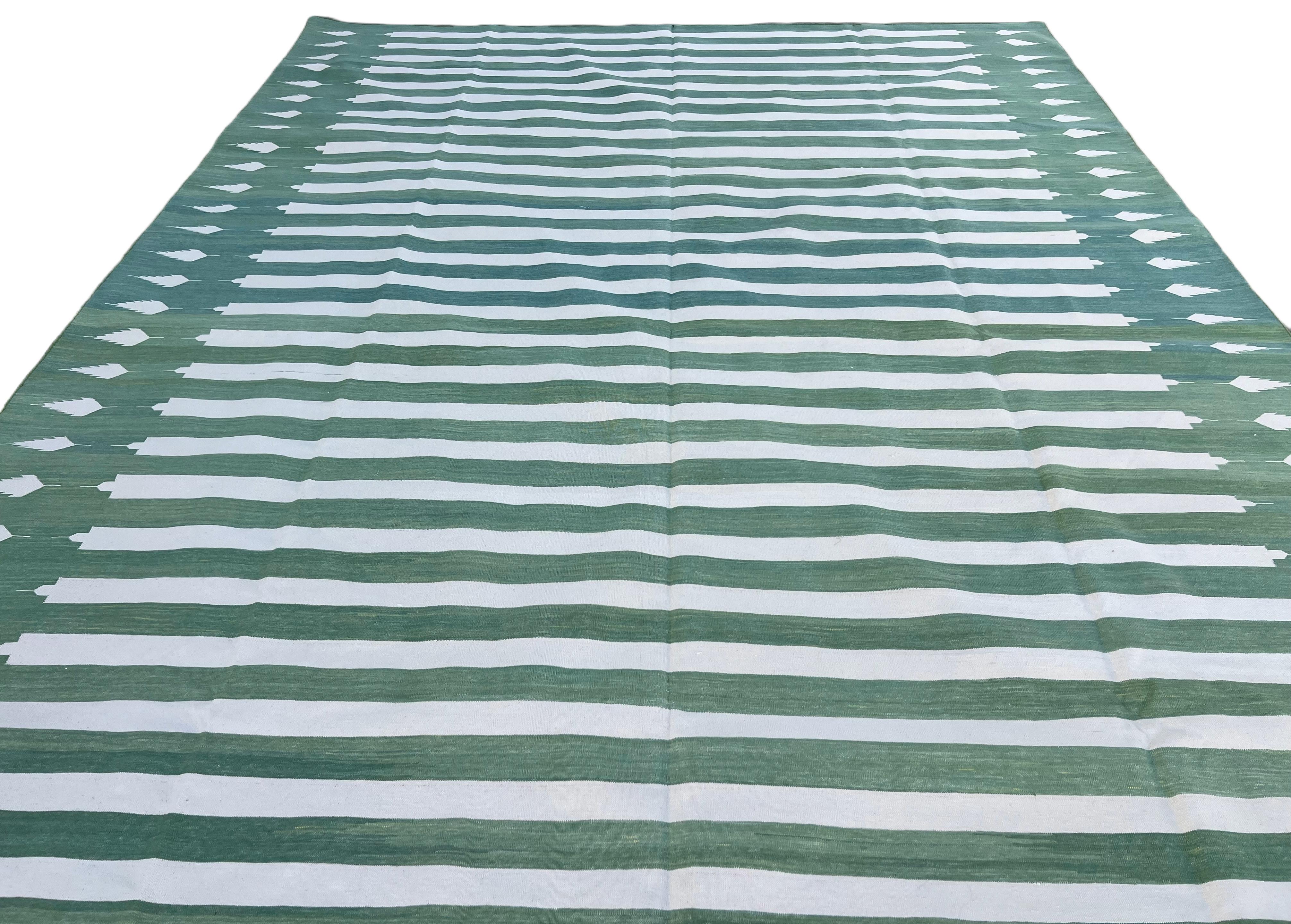 Handmade Cotton Area Flat Weave Rug, 9x12 Green And White Striped Indian Dhurrie For Sale 3