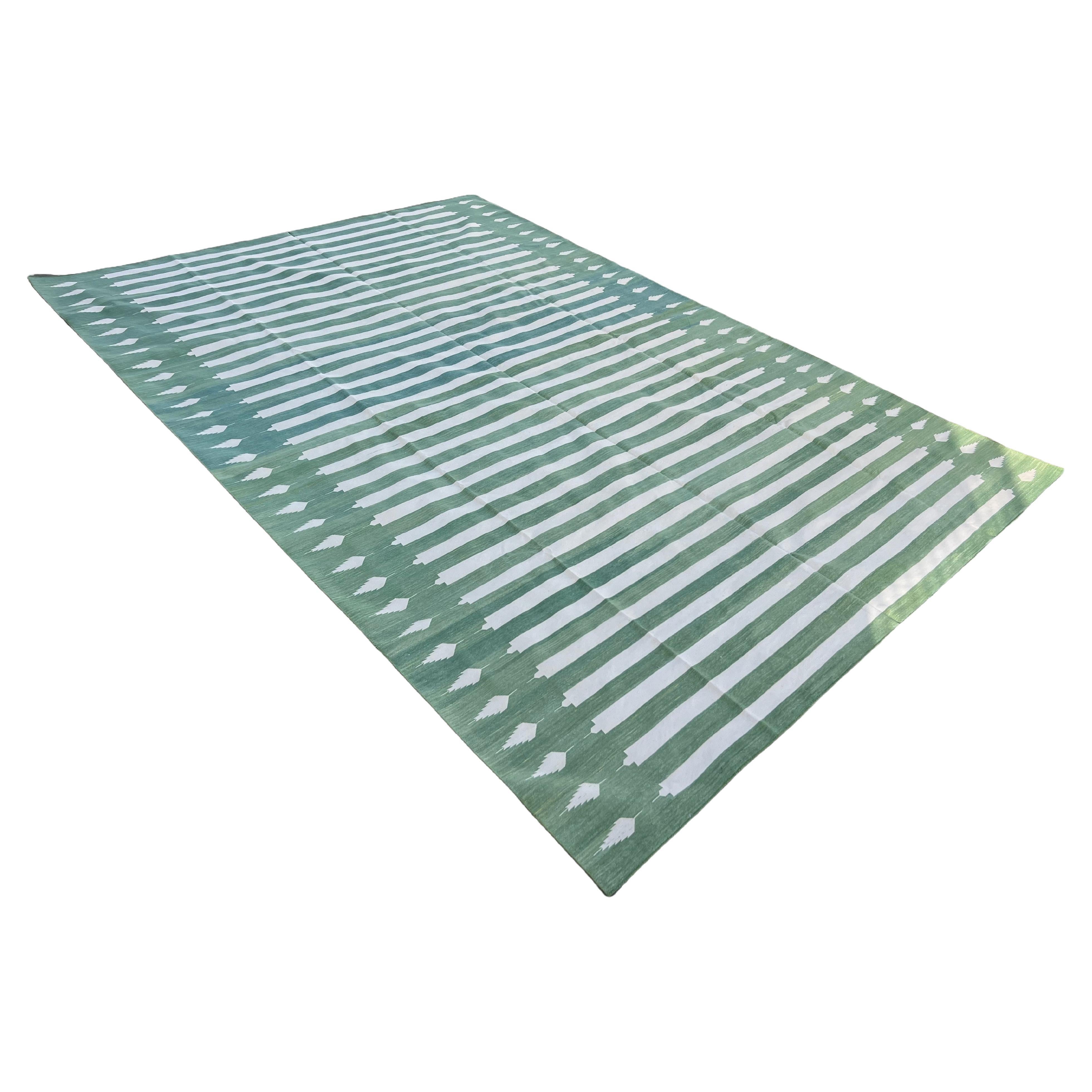 Handmade Cotton Area Flat Weave Rug, 9x12 Green And White Striped Indian Dhurrie For Sale