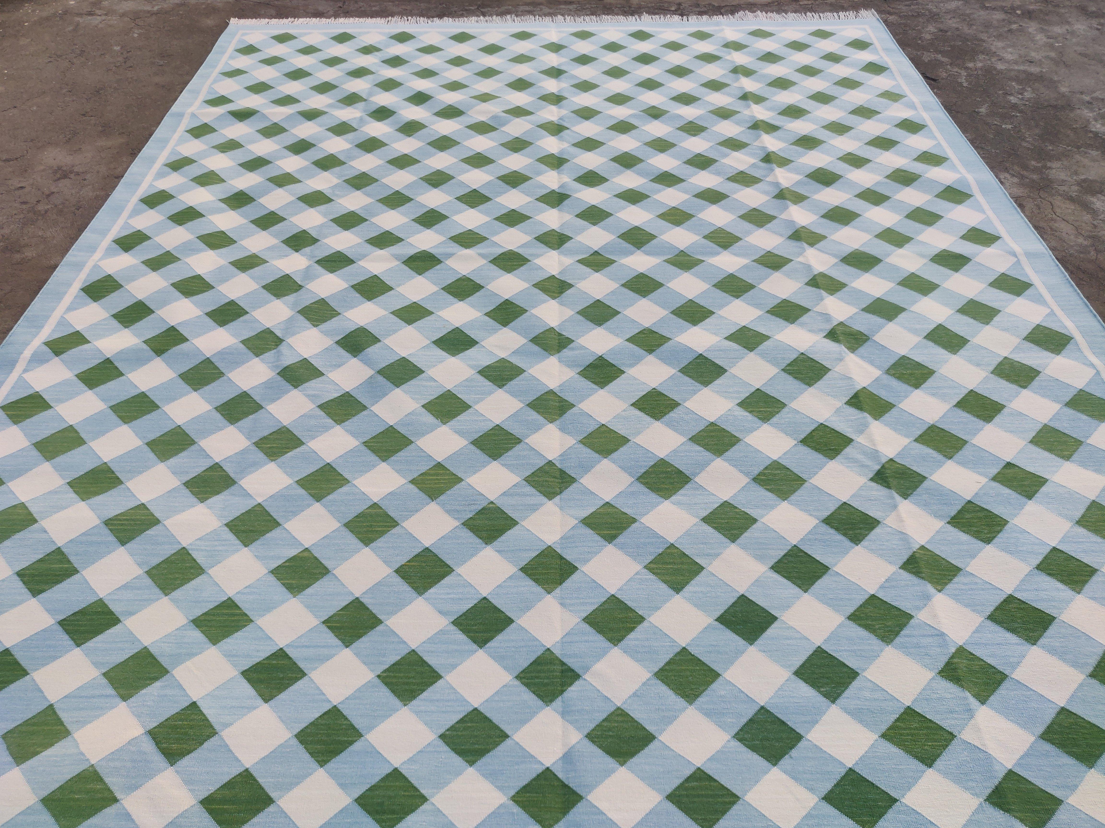 Tappeto a tessitura piatta in cotone fatto a mano, 9x12 Greene & Greene, Blu a quadretti, Indiano Dhurrie in vendita 2