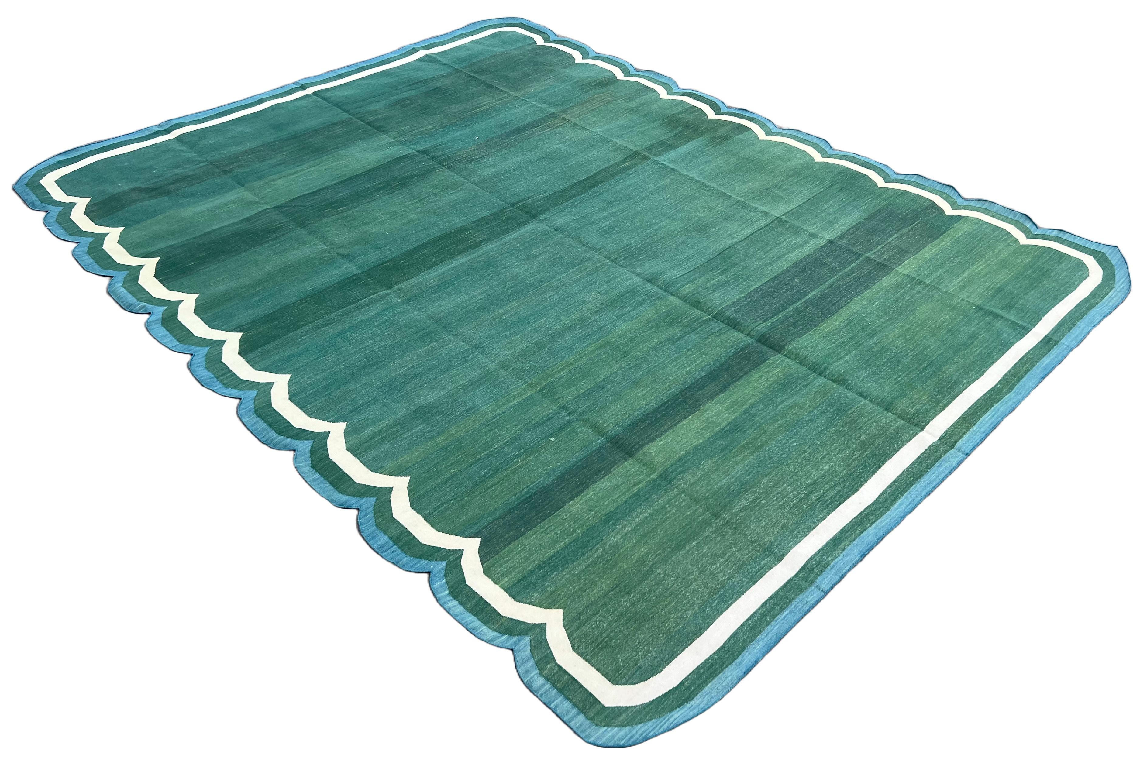 Handmade Cotton Area Flat Weave Rug, 9x12 Green, Blue Scalloped Indian Dhurrie For Sale 4