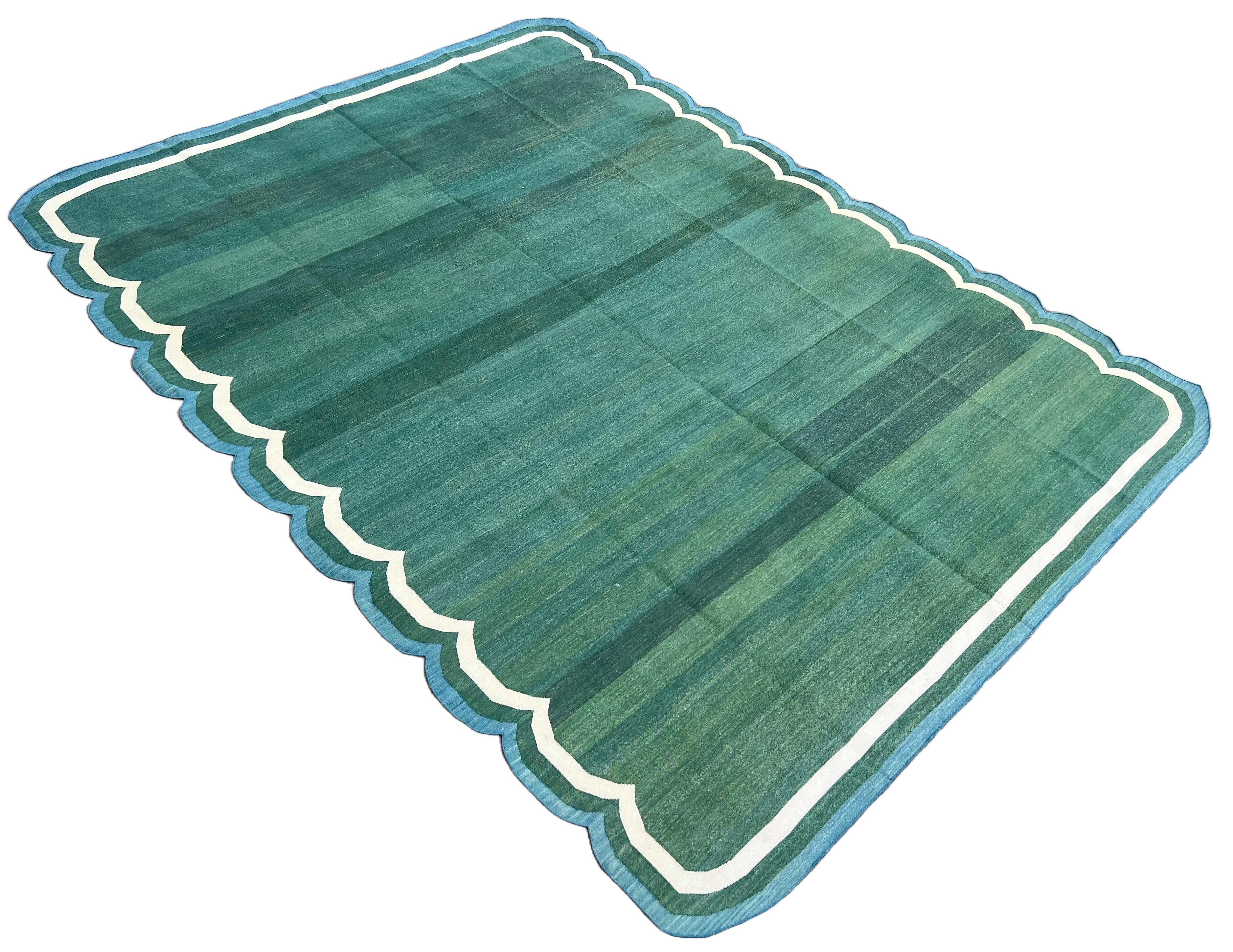 Handmade Cotton Area Flat Weave Rug, 9x12 Green, Blue Scalloped Indian Dhurrie For Sale 5