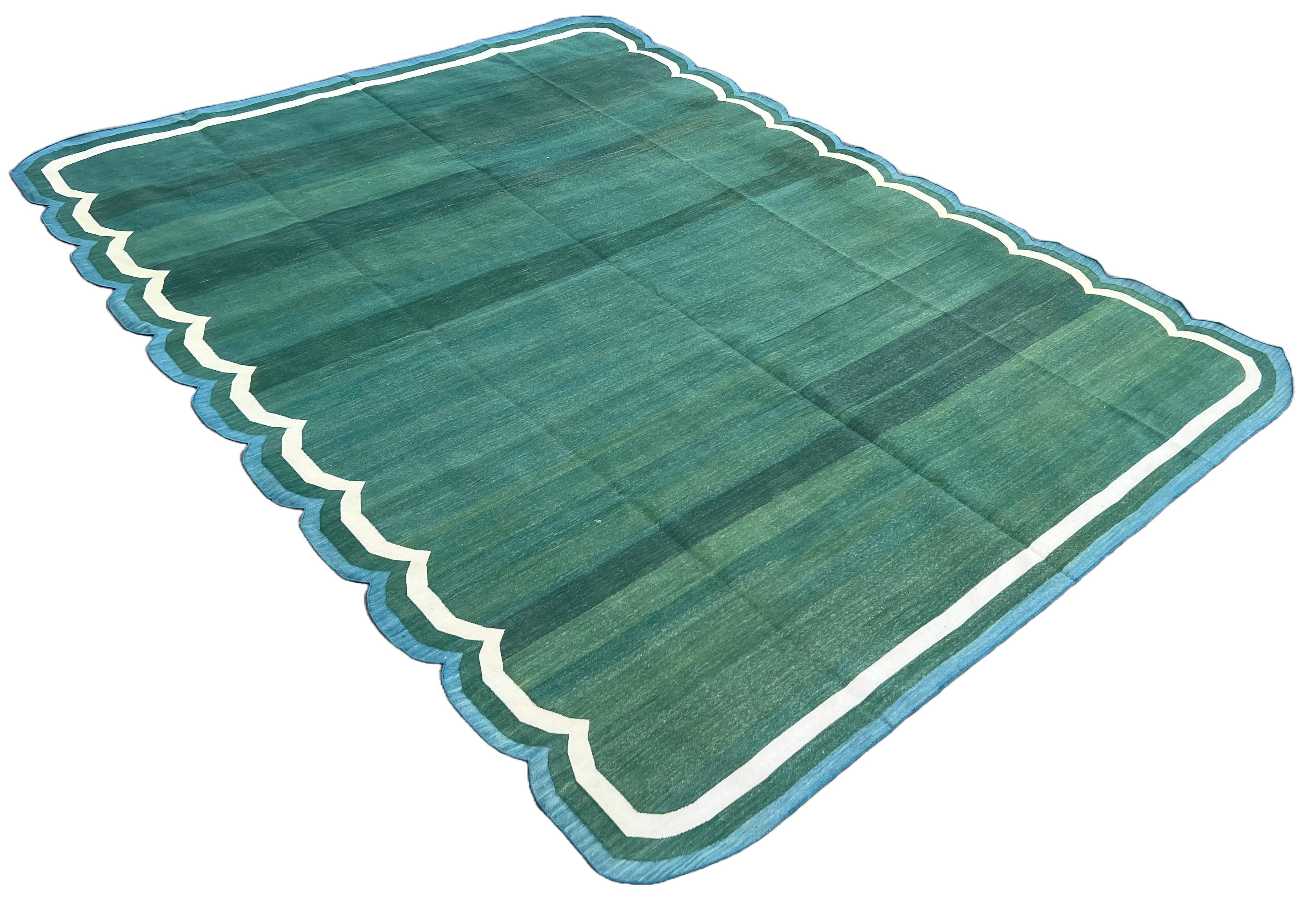 Cotton Vegetable Dyed Forest Green, Cream And Teal Blue Scalloped Striped Indian Dhurrie Rug-9'x12' (270x360cm)

These special flat-weave dhurries are hand-woven with 15 ply 100% cotton yarn. Due to the special manufacturing techniques used to