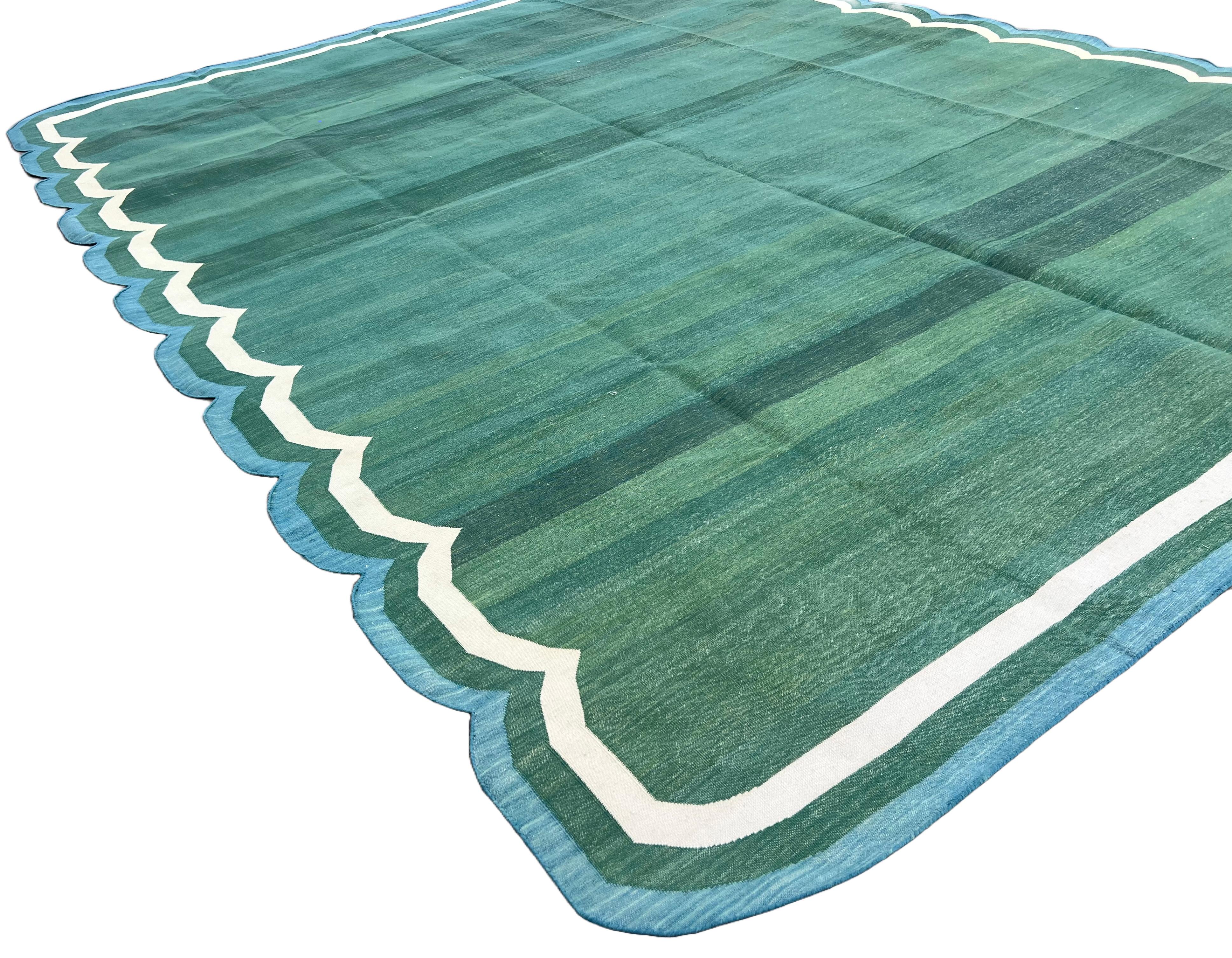 Mid-Century Modern Handmade Cotton Area Flat Weave Rug, 9x12 Green, Blue Scalloped Indian Dhurrie For Sale
