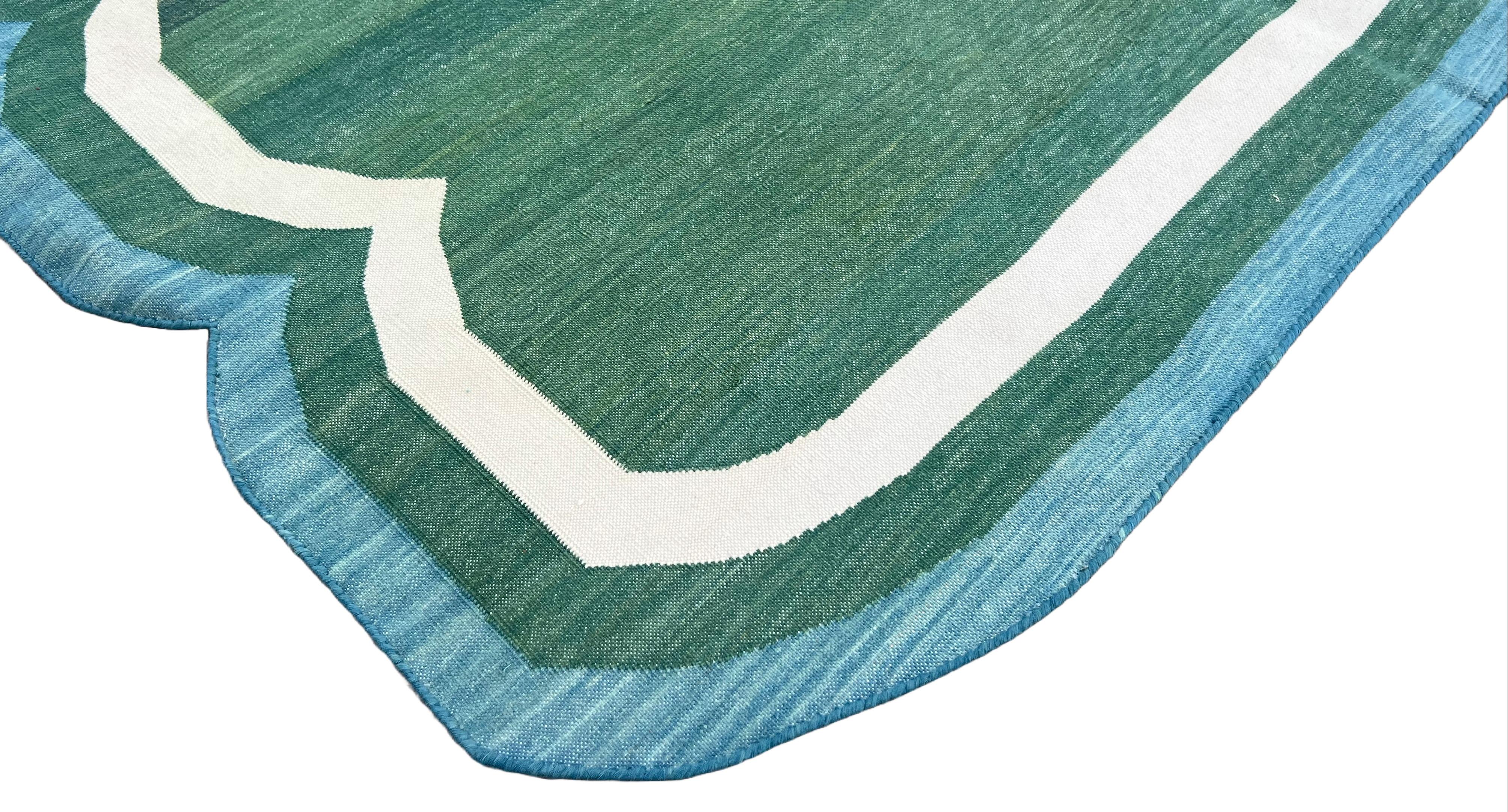 Hand-Woven Handmade Cotton Area Flat Weave Rug, 9x12 Green, Blue Scalloped Indian Dhurrie For Sale