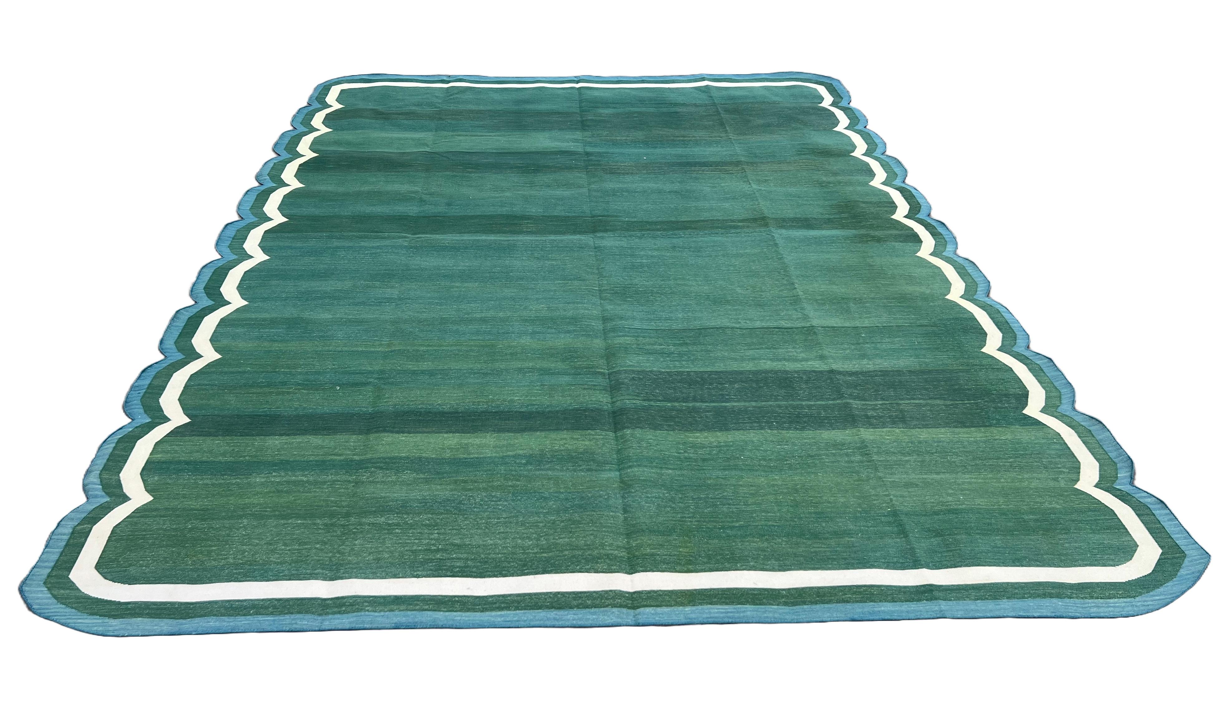 Contemporary Handmade Cotton Area Flat Weave Rug, 9x12 Green, Blue Scalloped Indian Dhurrie For Sale