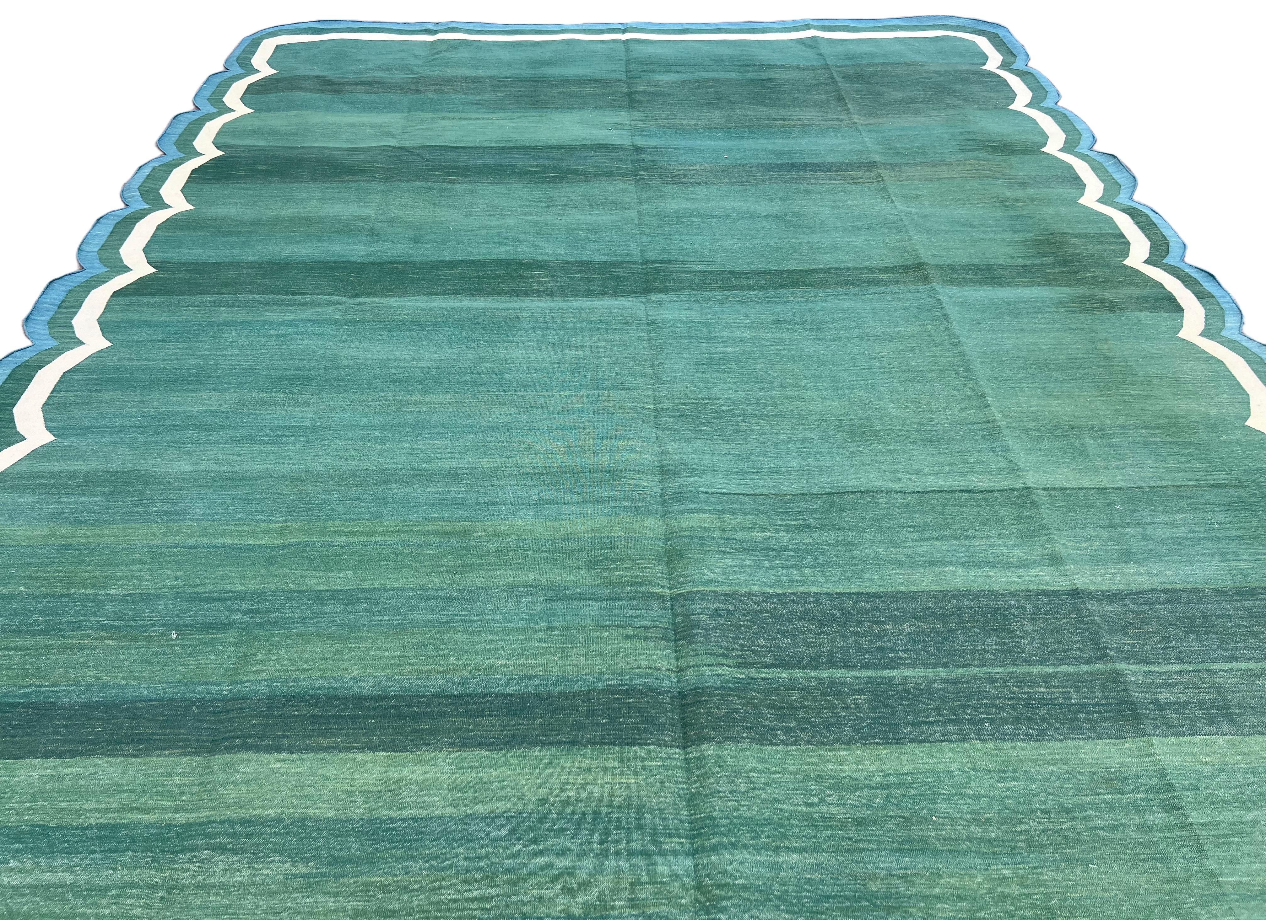 Handmade Cotton Area Flat Weave Rug, 9x12 Green, Blue Scalloped Indian Dhurrie For Sale 1