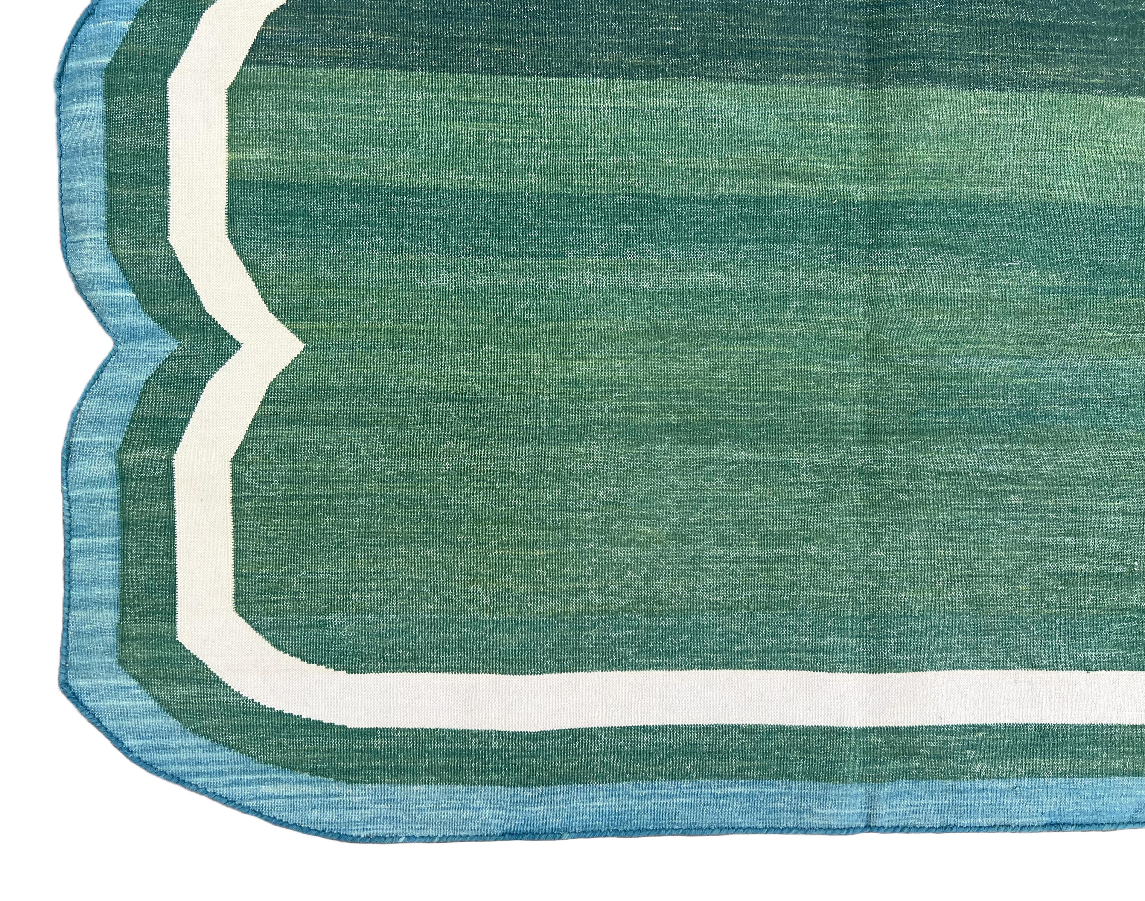 Handmade Cotton Area Flat Weave Rug, 9x12 Green, Blue Scalloped Indian Dhurrie For Sale 2