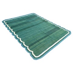 Tappeto a tessitura piatta in cotone fatto a mano, 9x12 Greene & Greene, Blue Scalloped Indian Dhurrie