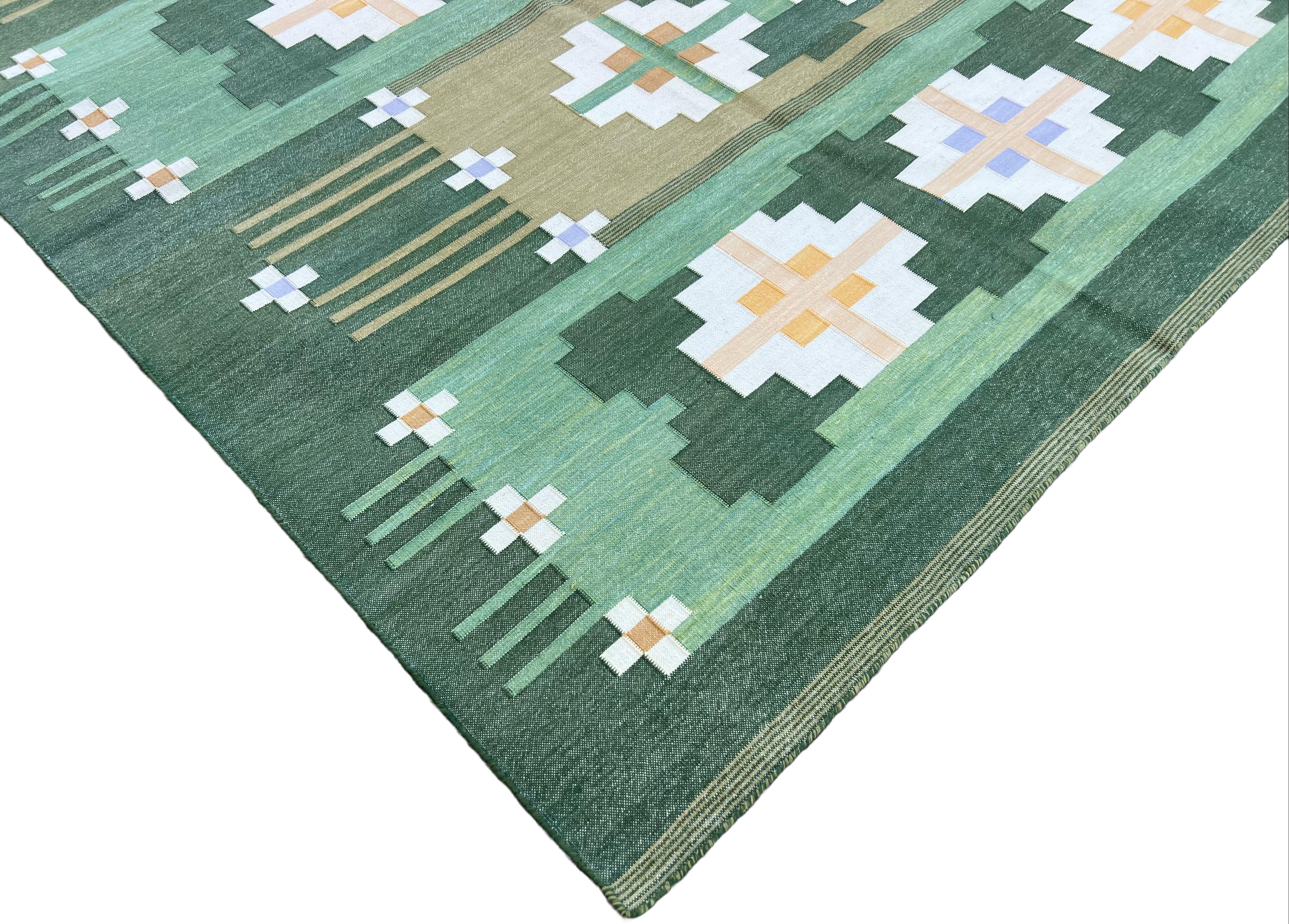 Cotton Vegetable Dyed Forest Green And Cream Geometric Indian Dhurrie Rug-9'x12' (270x360cm)

These special flat-weave dhurries are hand-woven with 15 ply 100% cotton yarn. Due to the special manufacturing techniques used to create our rugs, the