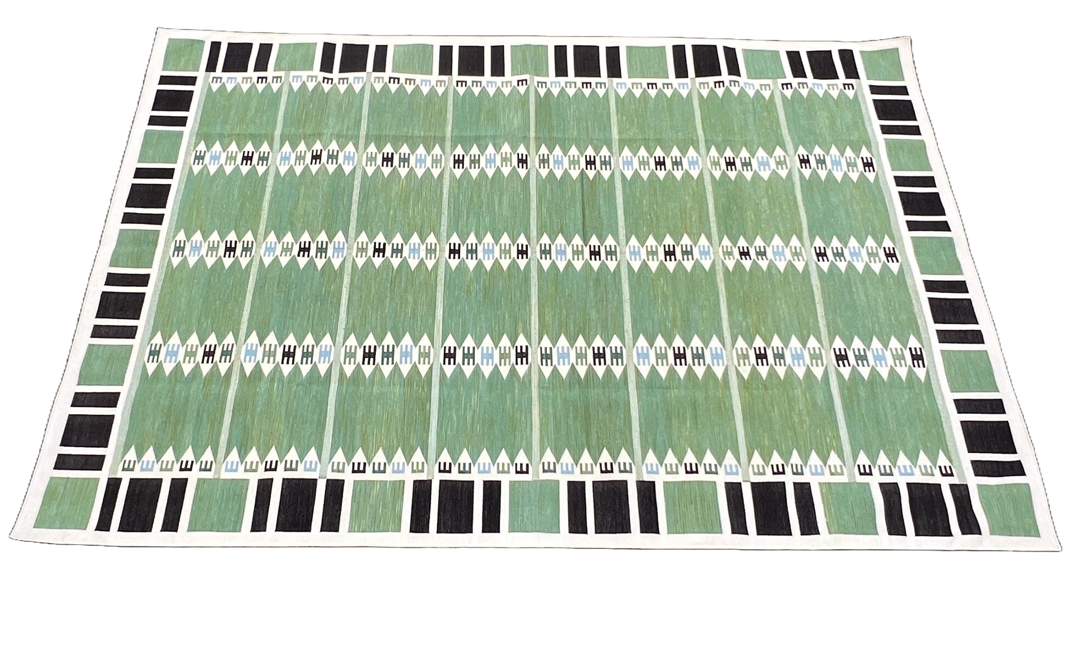 Cotton Vegetable Dyed Moss Green, Brown And Cream Geometric Indian Dhurrie Rug-9'x12' (270x360cm)

These special flat-weave dhurries are hand-woven with 15 ply 100% cotton yarn. Due to the special manufacturing techniques used to create our rugs,