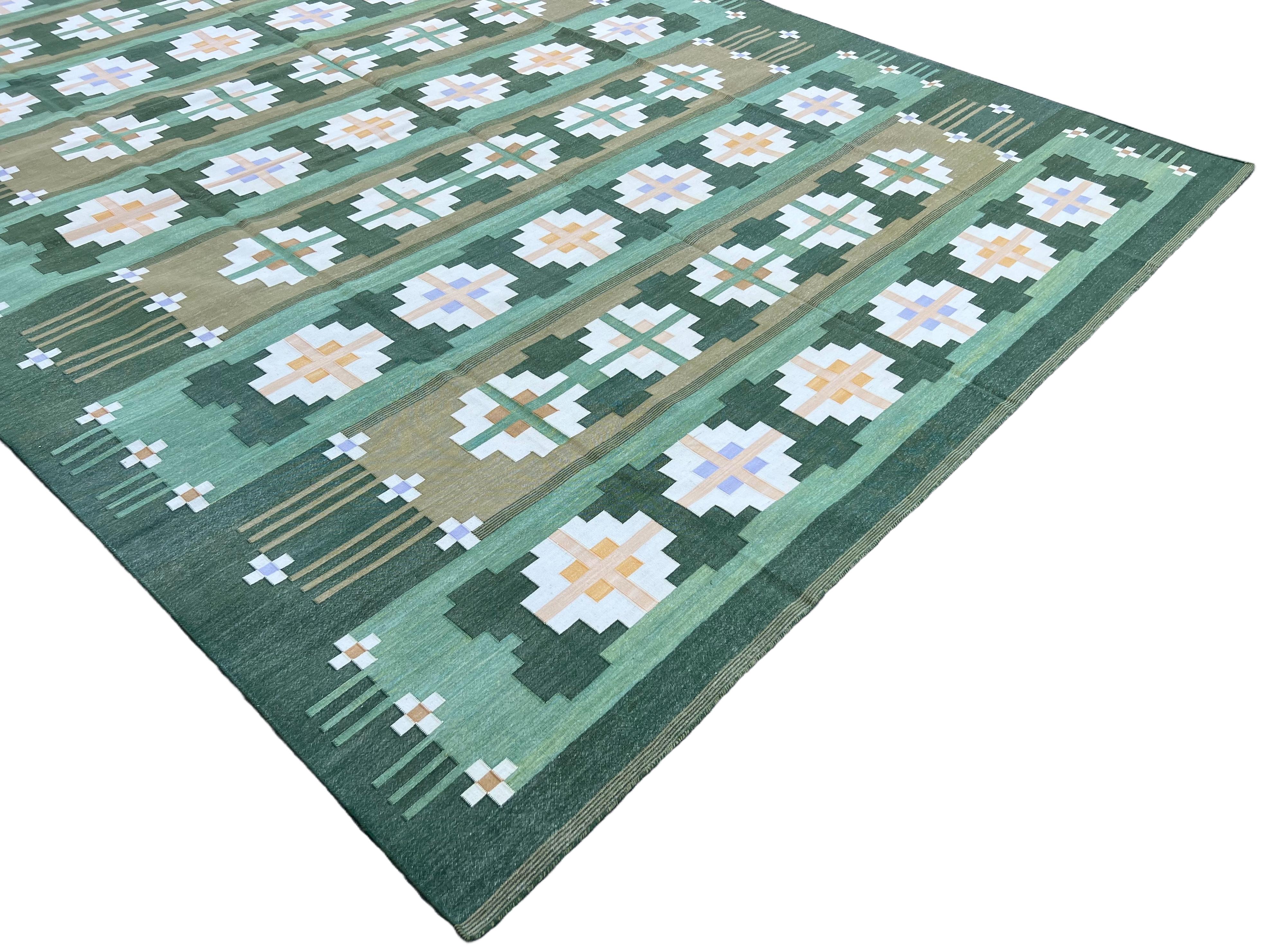 Mid-Century Modern Handmade Cotton Area Flat Weave Rug, 9x12 Green, Cream Geometric Indian Dhurrie For Sale
