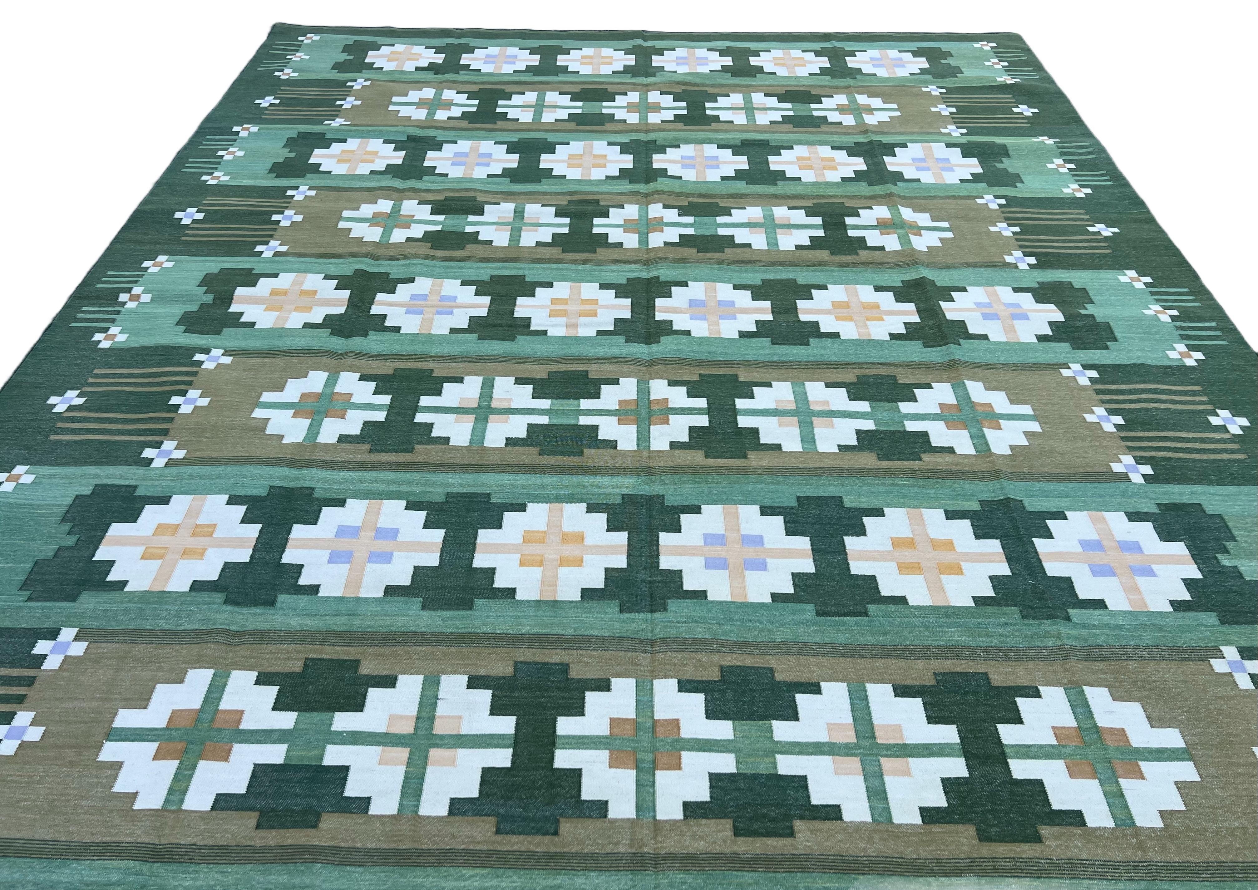 Contemporary Handmade Cotton Area Flat Weave Rug, 9x12 Green, Cream Geometric Indian Dhurrie For Sale