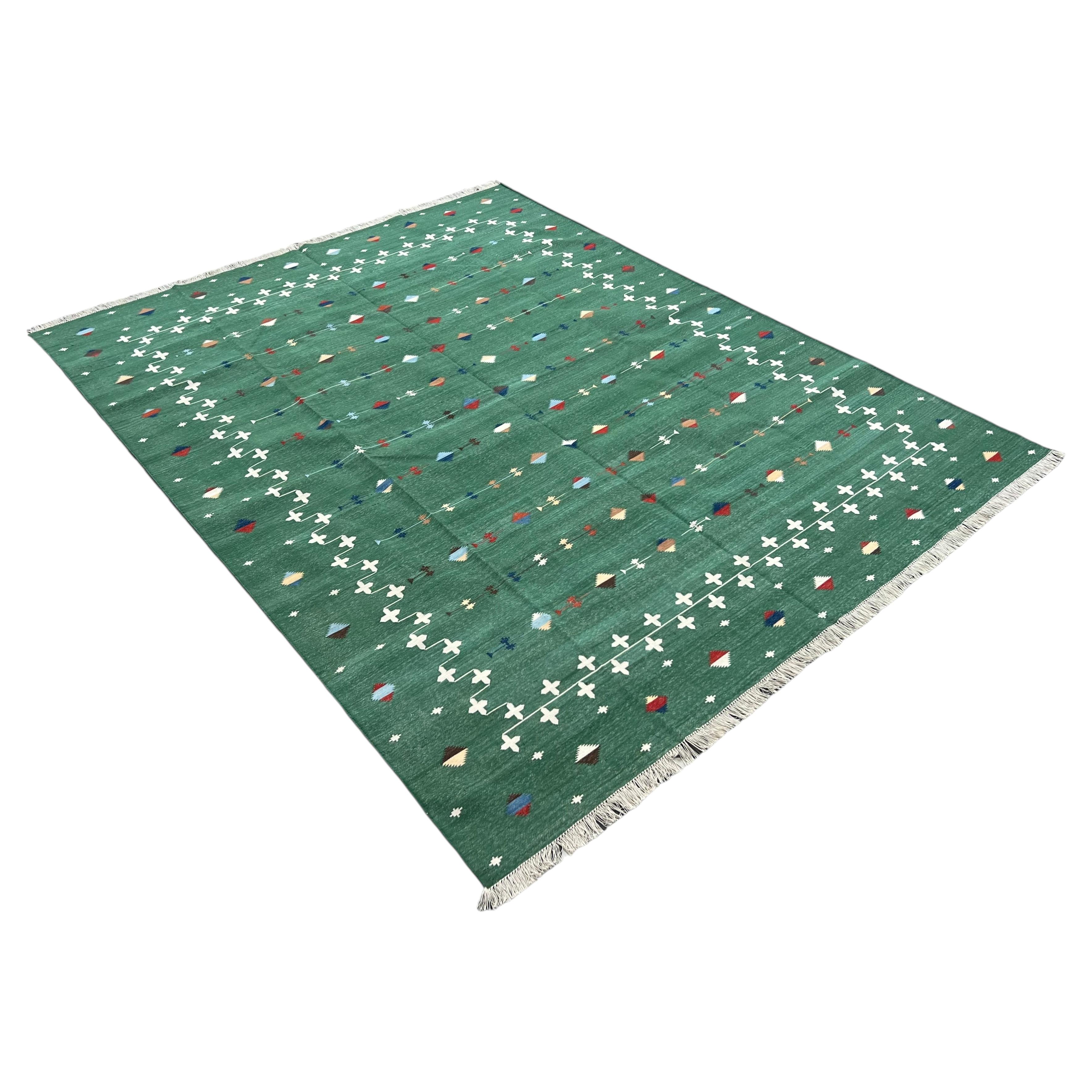 Handmade Cotton Area Flat Weave Rug, 9x12 Green Indian Shooting Star Dhurrie Rug