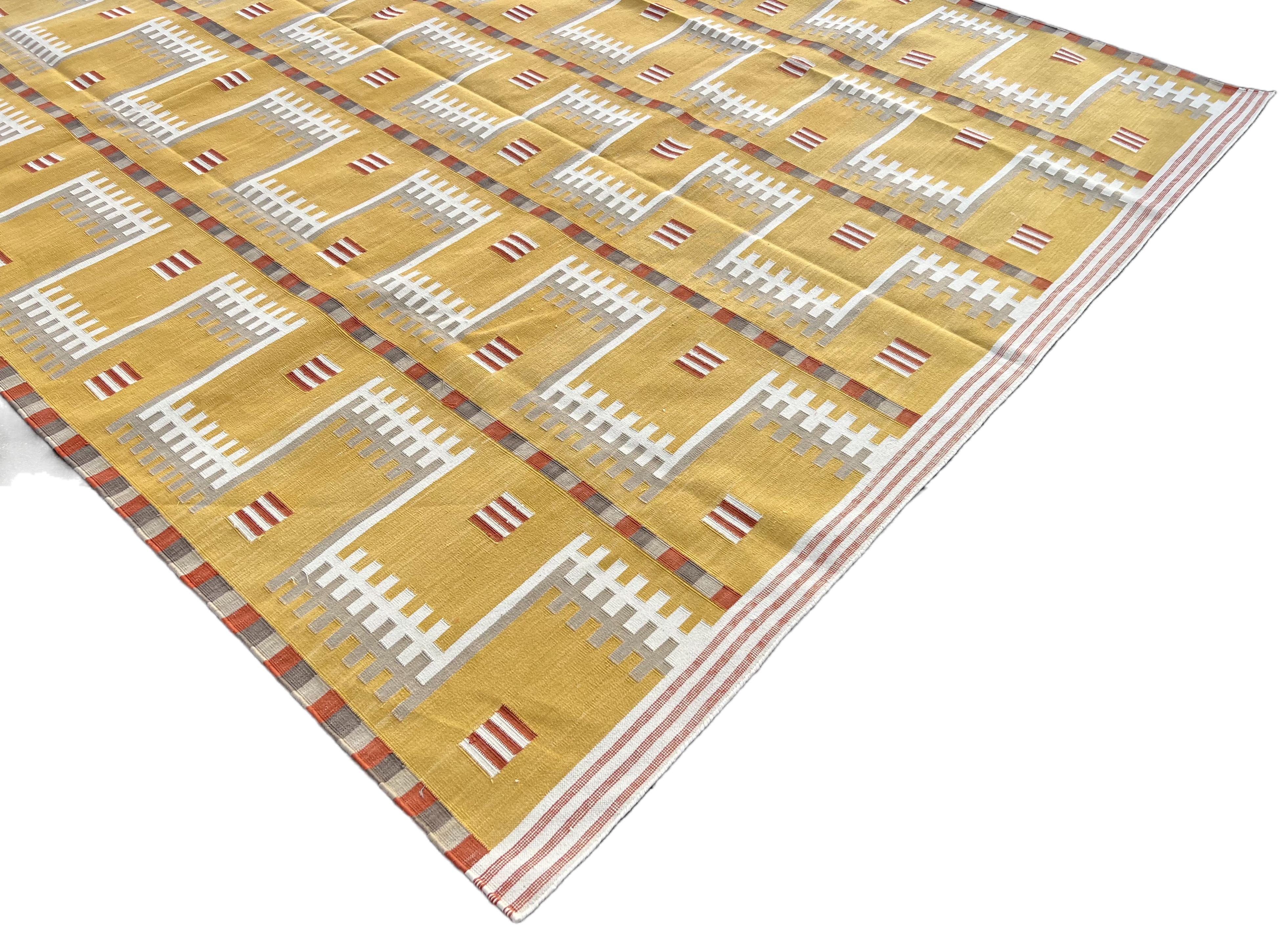 Contemporary Handmade Cotton Area Flat Weave Rug, 9x12 Mustard Geometric Indian Dhurrie Rug For Sale