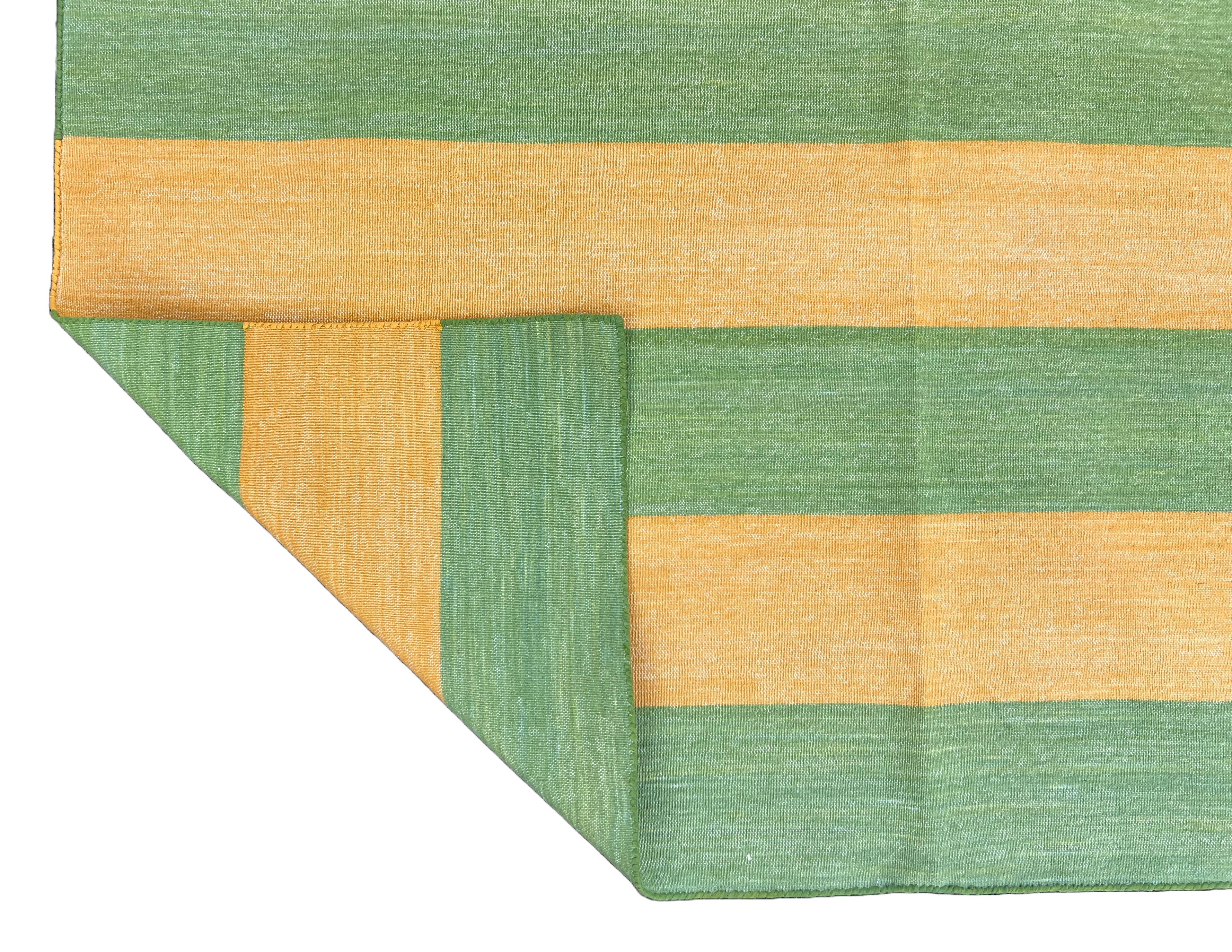 Handmade Cotton Area Flat Weave Rug, 9x12 Mustard, Green Striped Indian Dhurrie For Sale 4