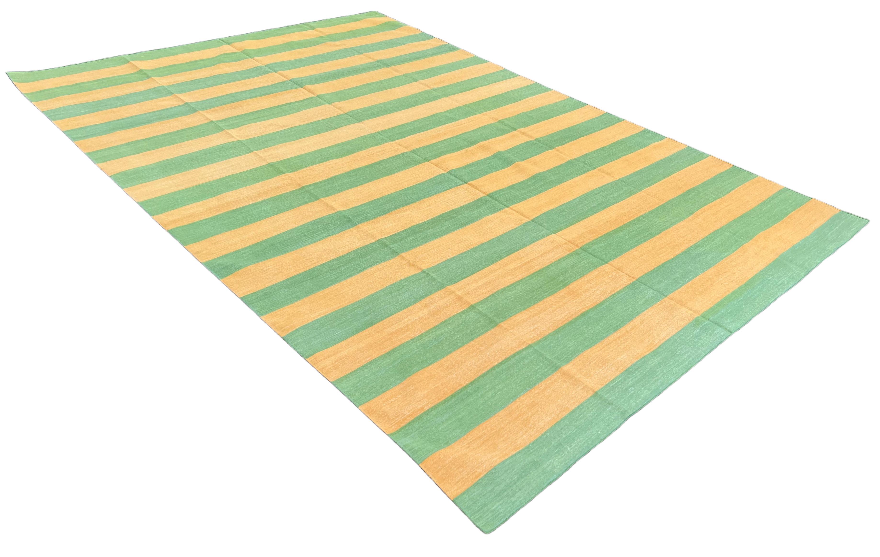 Handmade Cotton Area Flat Weave Rug, 9x12 Mustard, Green Striped Indian Dhurrie For Sale 5