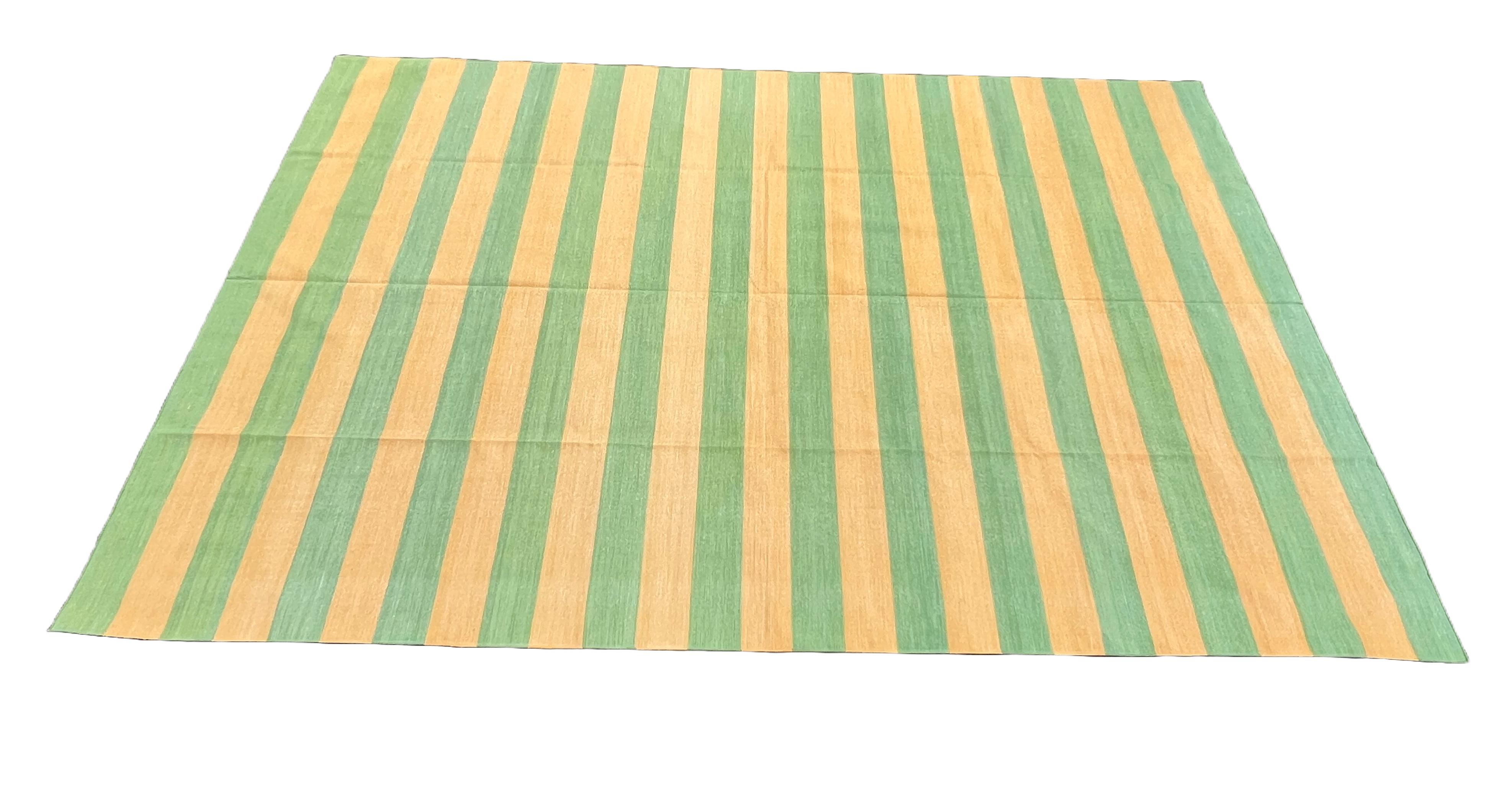 Arts and Crafts Handmade Cotton Area Flat Weave Rug, 9x12 Mustard, Green Striped Indian Dhurrie For Sale