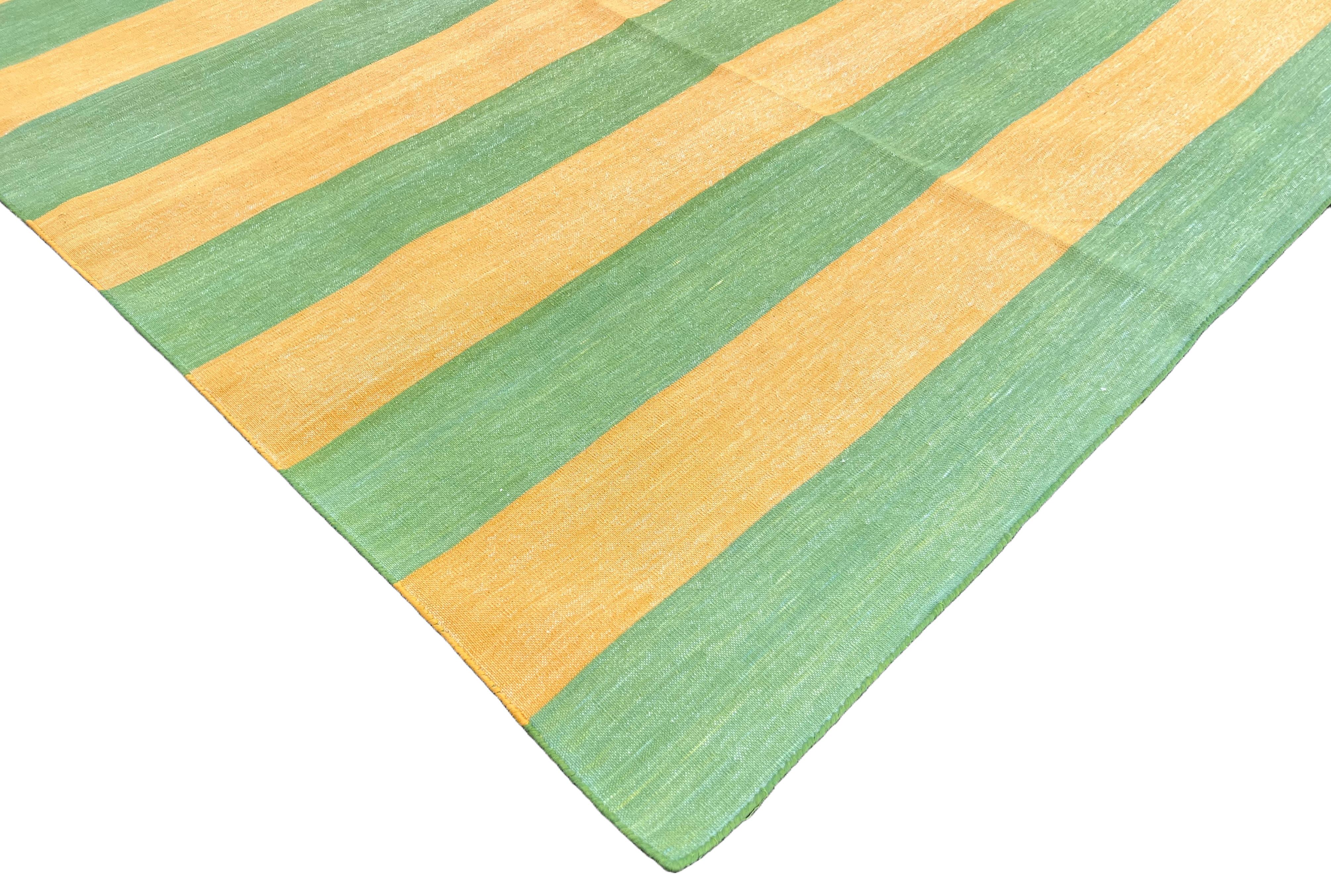Hand-Woven Handmade Cotton Area Flat Weave Rug, 9x12 Mustard, Green Striped Indian Dhurrie For Sale