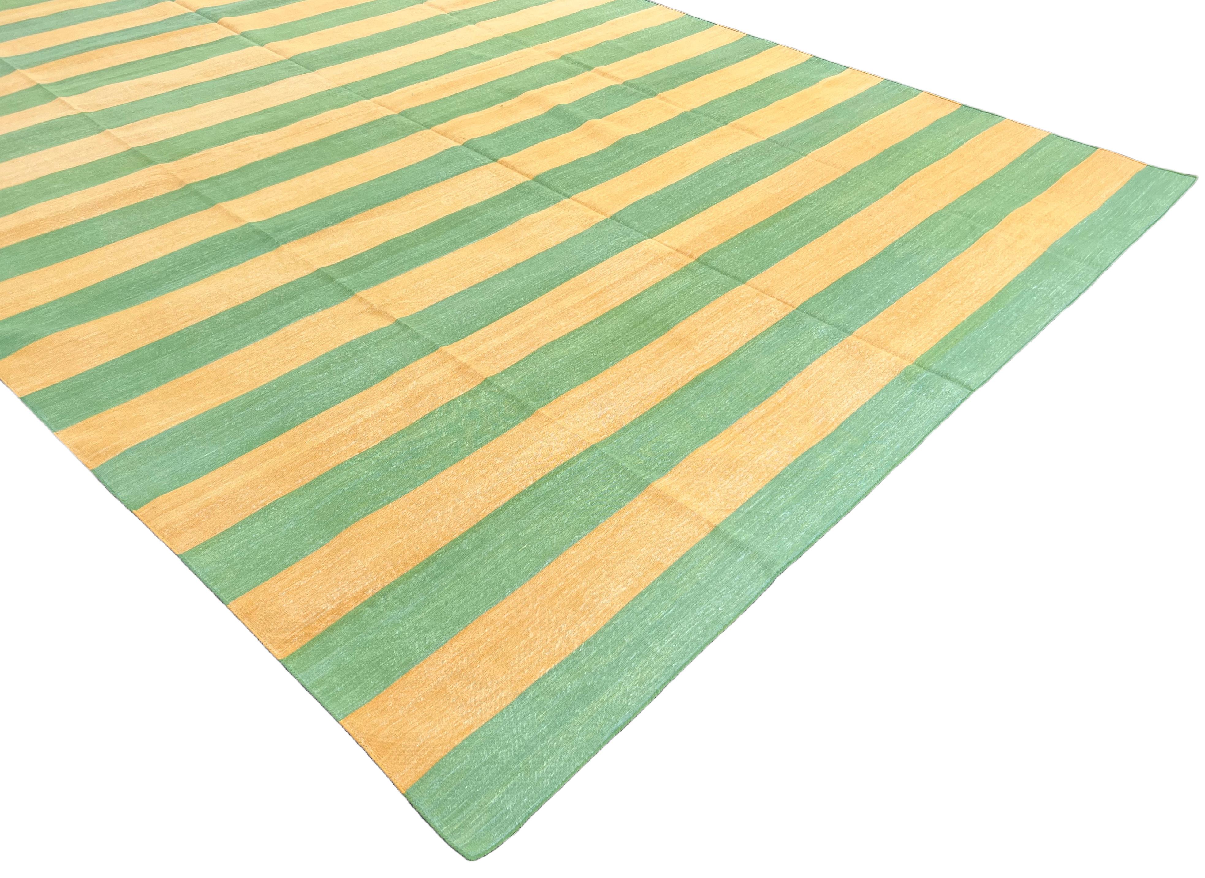 Handmade Cotton Area Flat Weave Rug, 9x12 Mustard, Green Striped Indian Dhurrie In New Condition For Sale In Jaipur, IN