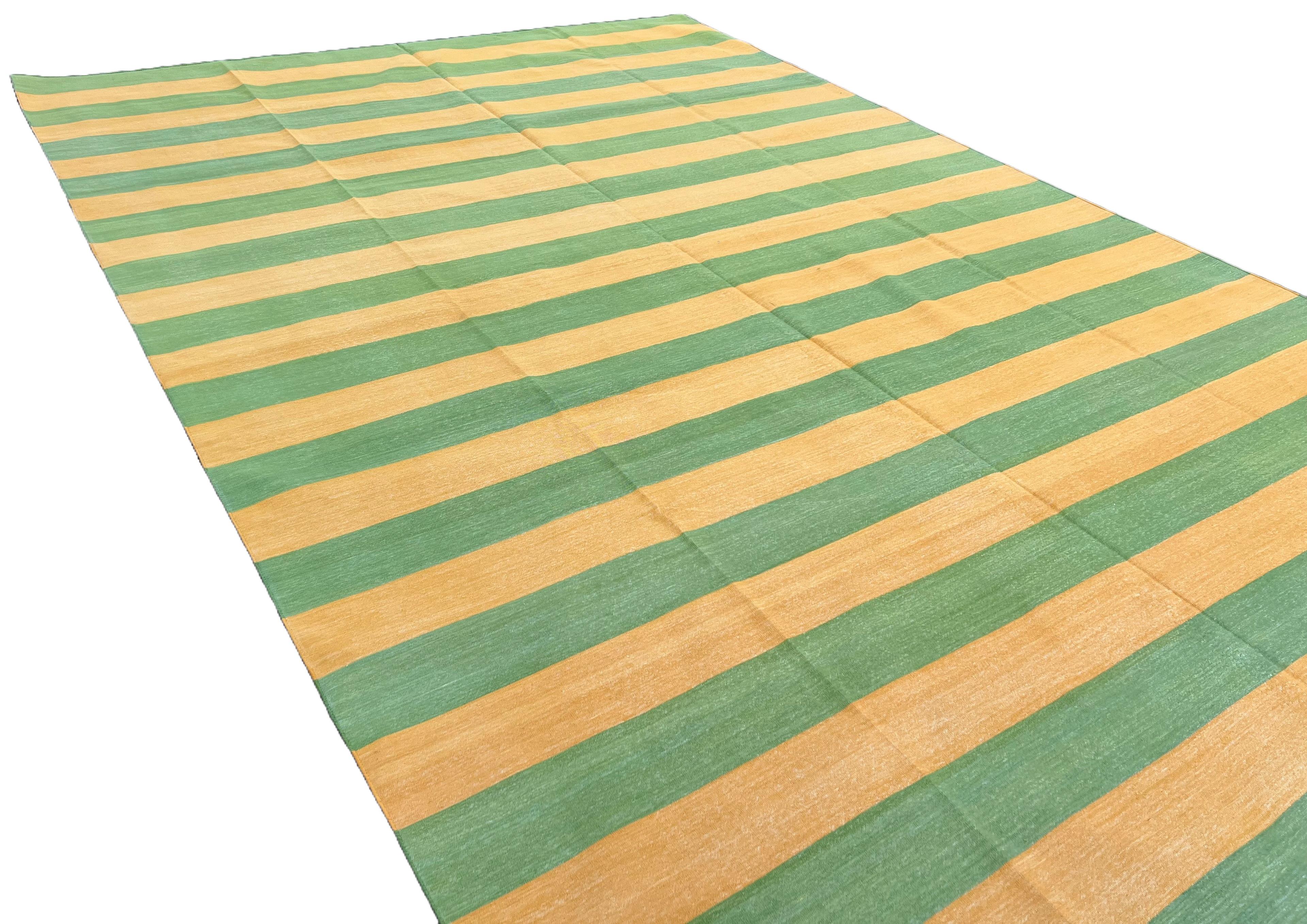 Contemporary Handmade Cotton Area Flat Weave Rug, 9x12 Mustard, Green Striped Indian Dhurrie For Sale
