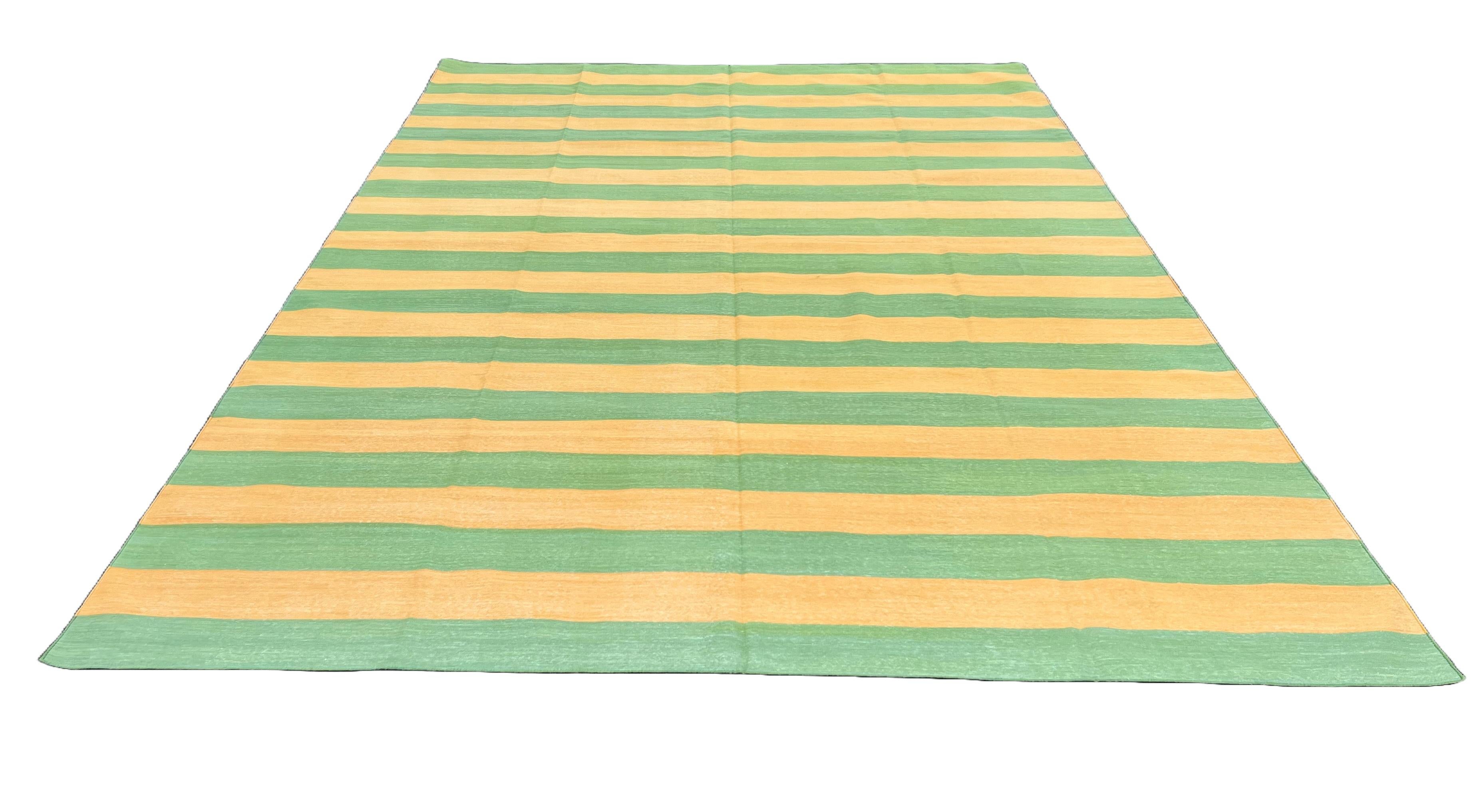 Handmade Cotton Area Flat Weave Rug, 9x12 Mustard, Green Striped Indian Dhurrie For Sale 1