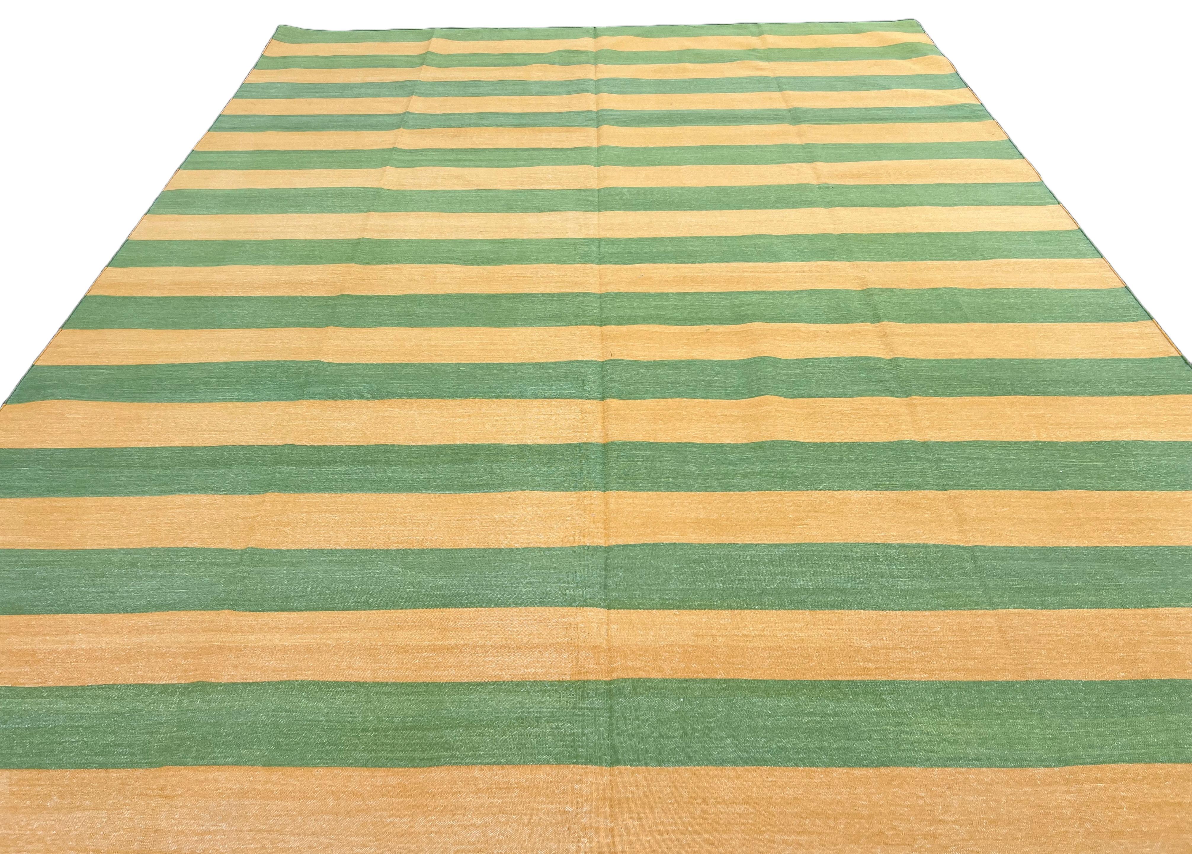 Handmade Cotton Area Flat Weave Rug, 9x12 Mustard, Green Striped Indian Dhurrie For Sale 2