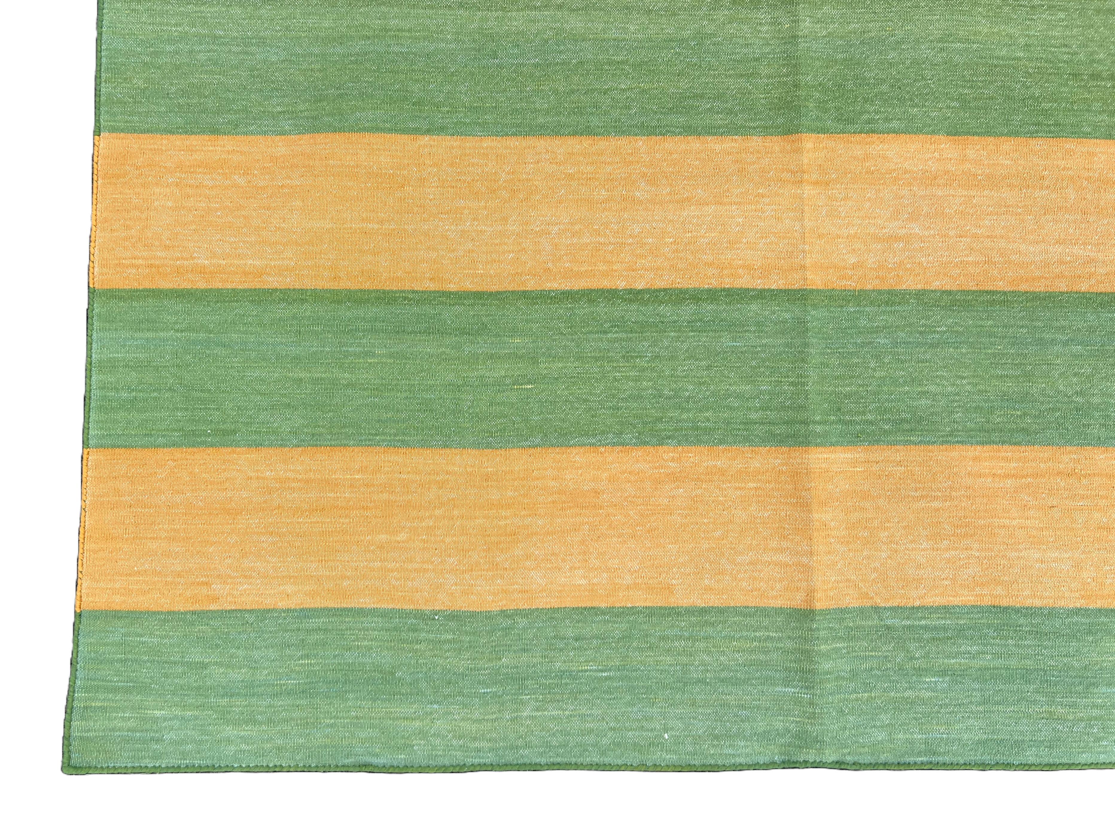 Handmade Cotton Area Flat Weave Rug, 9x12 Mustard, Green Striped Indian Dhurrie For Sale 3
