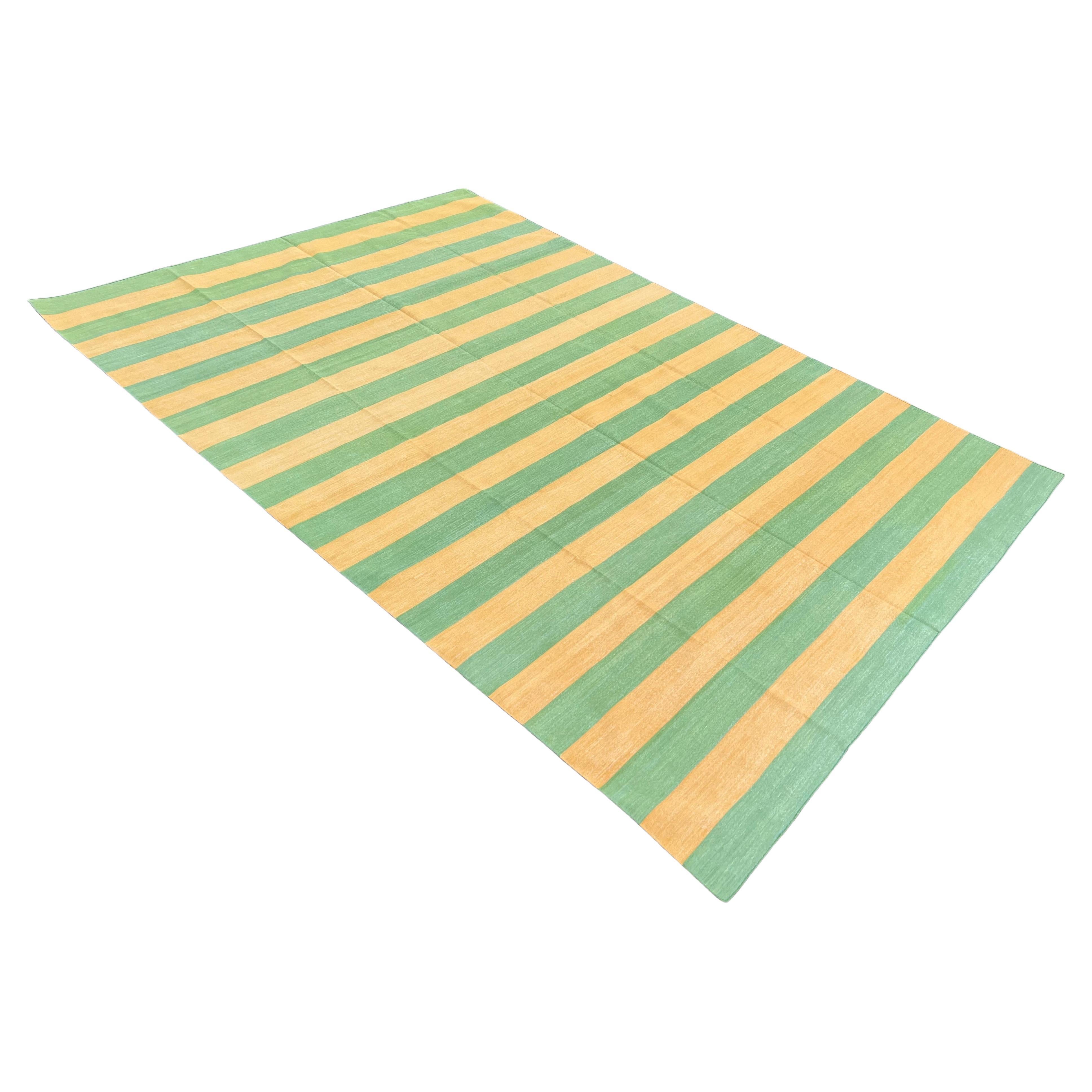 Handmade Cotton Area Flat Weave Rug, 9x12 Mustard, Green Striped Indian Dhurrie For Sale